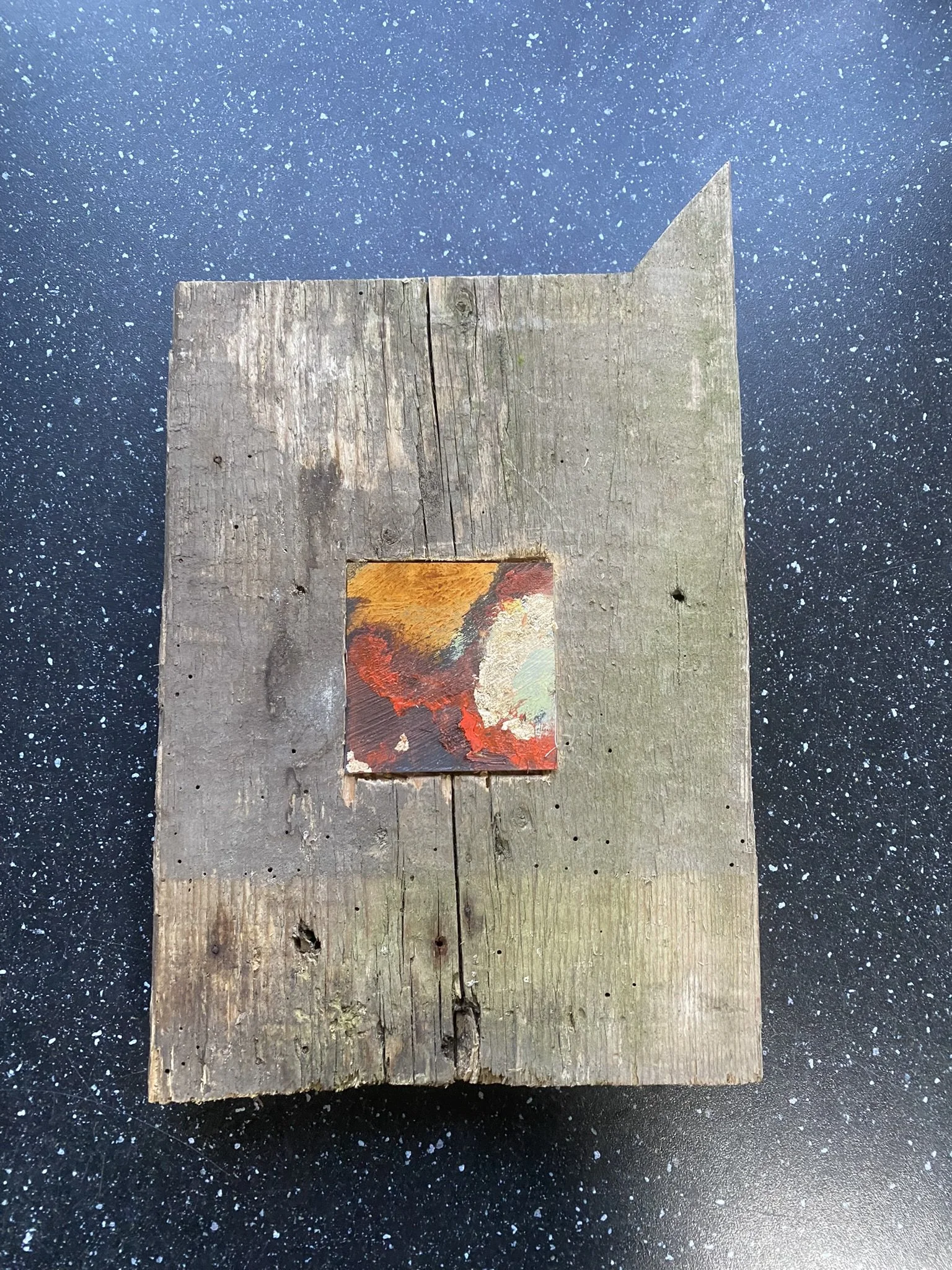 Olieverf op papier (7 x 14 cm) uitgehakt in hout  - verkocht