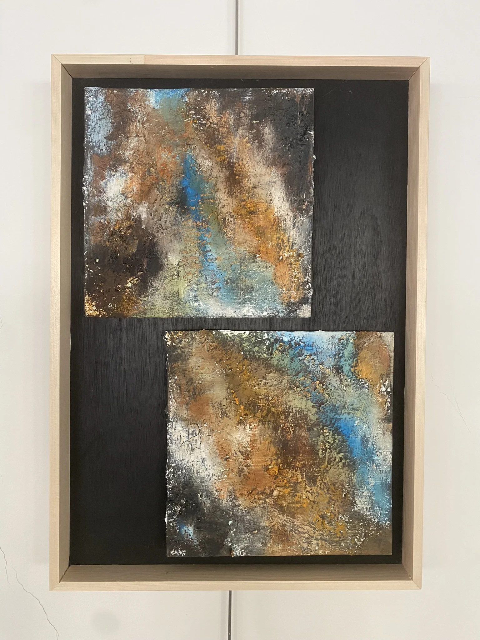 Roest/mixed media/olieverf op 2 x hardboard 20 x 20 cm - € 150,-