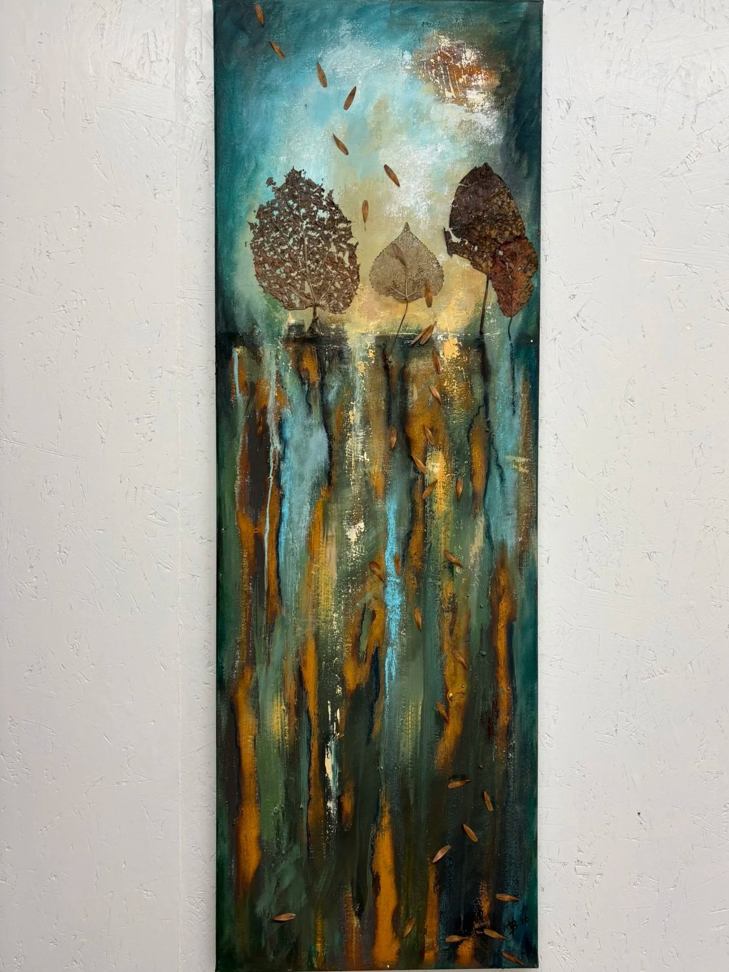 Roest, acryl en bladeren op doek, 120 x 40 cm - € 495,-