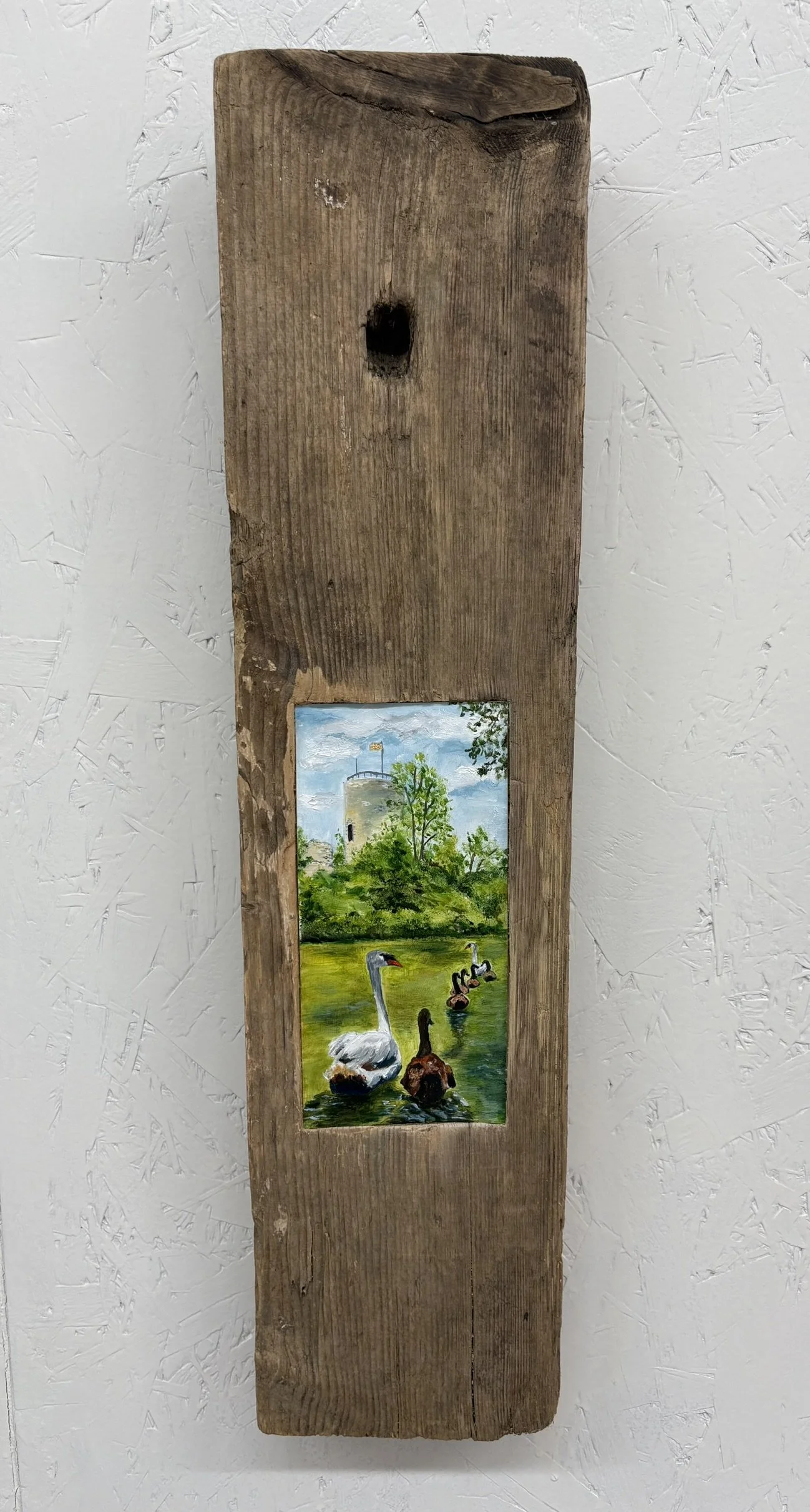 Olieverf op papier (9 x 18 cm) uitgehakt in hout 19 x 55 cm - verkocht