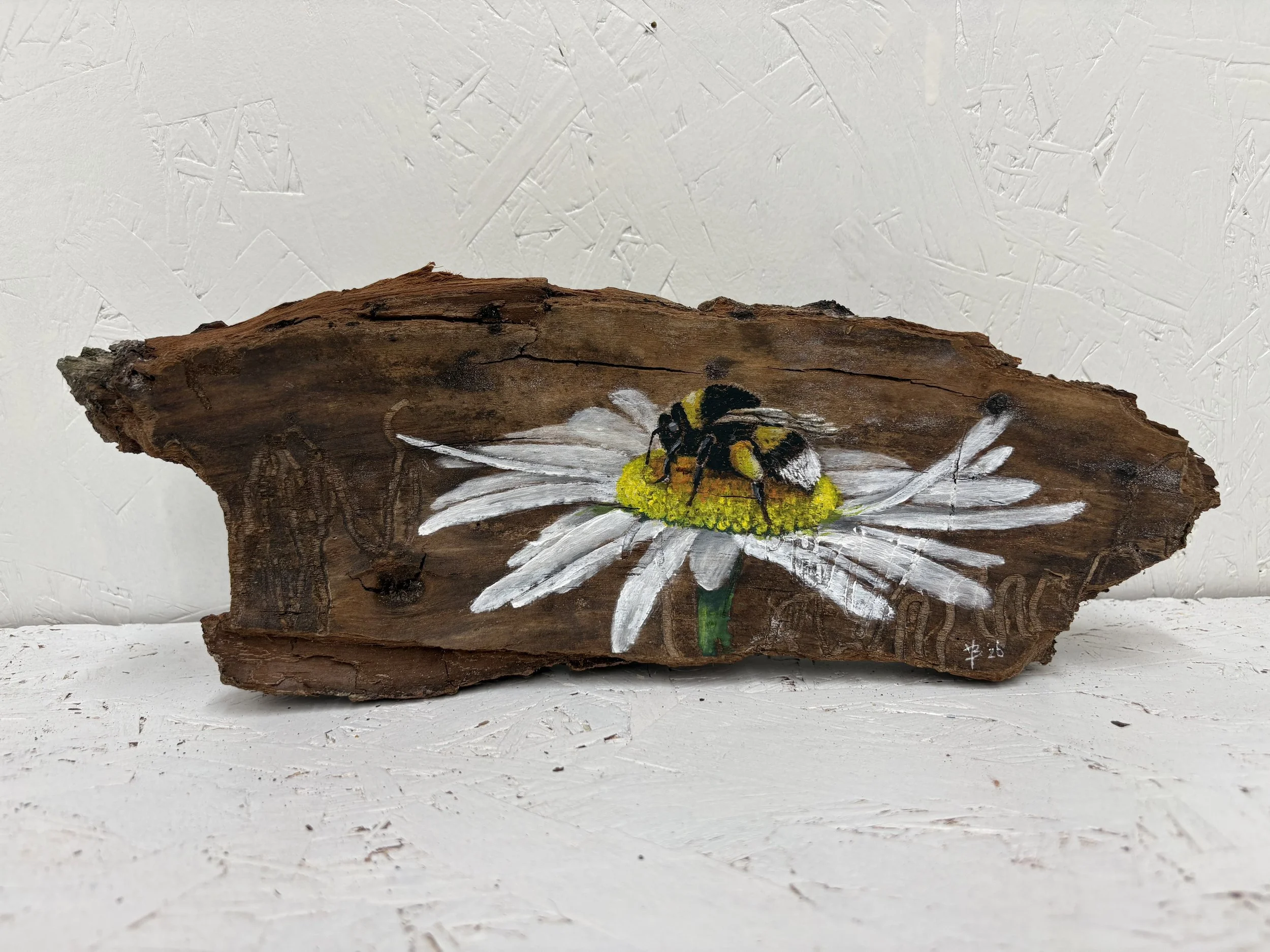 Acryl op boomschors, 34 x 11 cm - verkocht