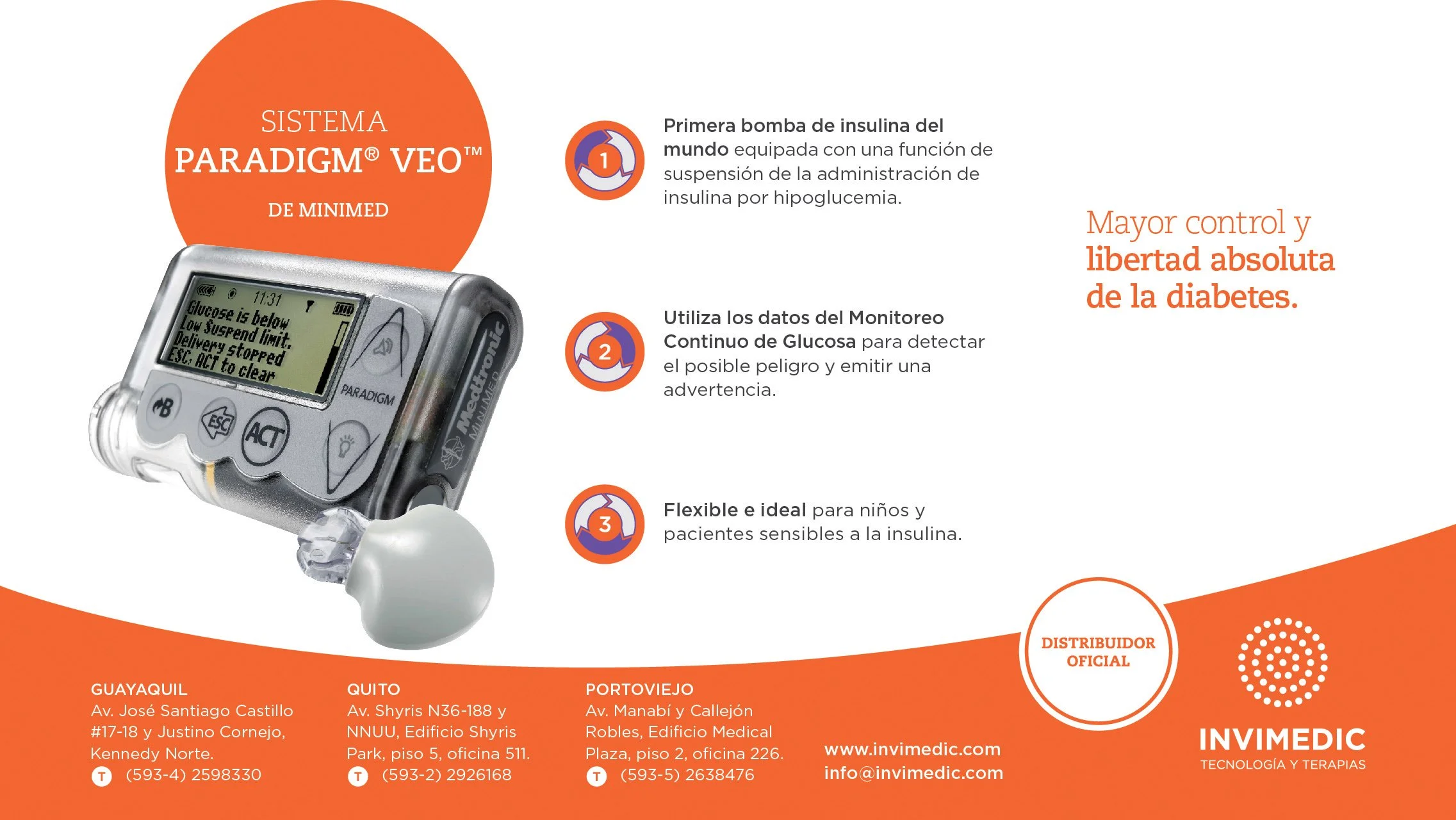 An infographic promoting the Paradigm Veo insulin pump, highlighting its features like hypoglycemia suspension, continuous glucose monitoring, and suitability for children and sensitive patients, with contact information for distributors in Ecuador and a website URL.