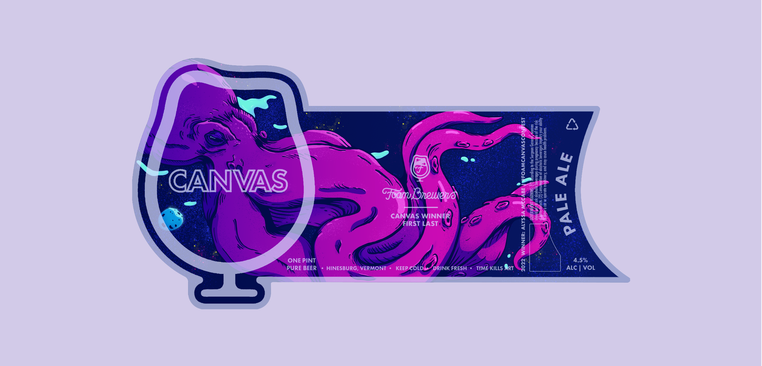 A colorful illustration of an octopus on a beer can label with the word 'CANVAS' and 'PALE ALE', featuring space-themed elements and text about brewing.