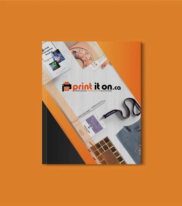 A brochure or promotional flyer, featuring printing products and services, with images of business cards, a color palette, and a lanyard on an orange background.