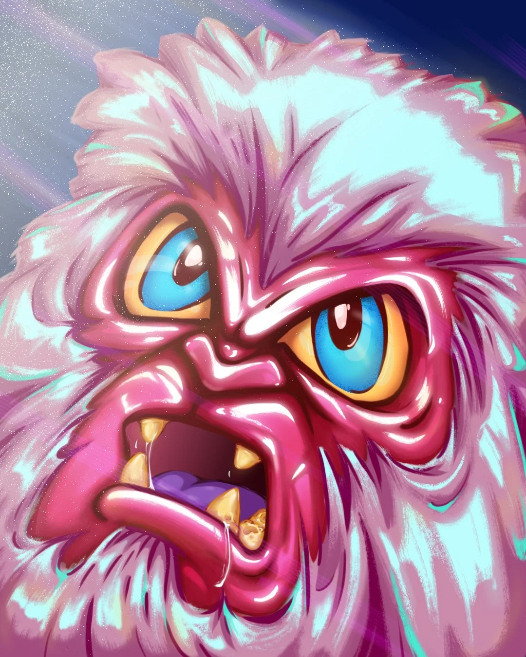 Colorful digital illustration of a fierce, cartoon-style beast with purple and pink fur, sharp yellow teeth, and expressive blue and yellow eyes.