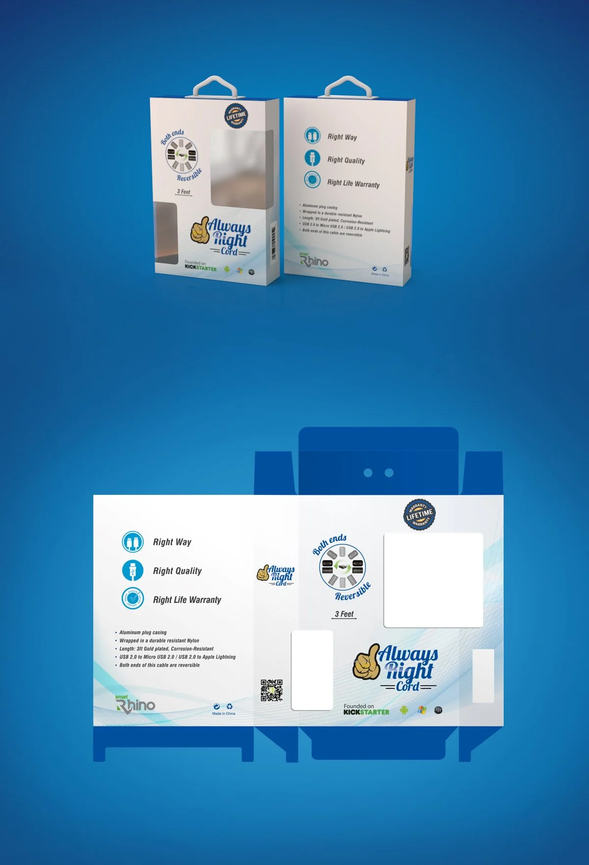 Packaging for Always Right Cord, a 3-foot reversible cable with a blue and white box design, featuring icons for right way, right quality, and right life warranty, along with product details and branding.