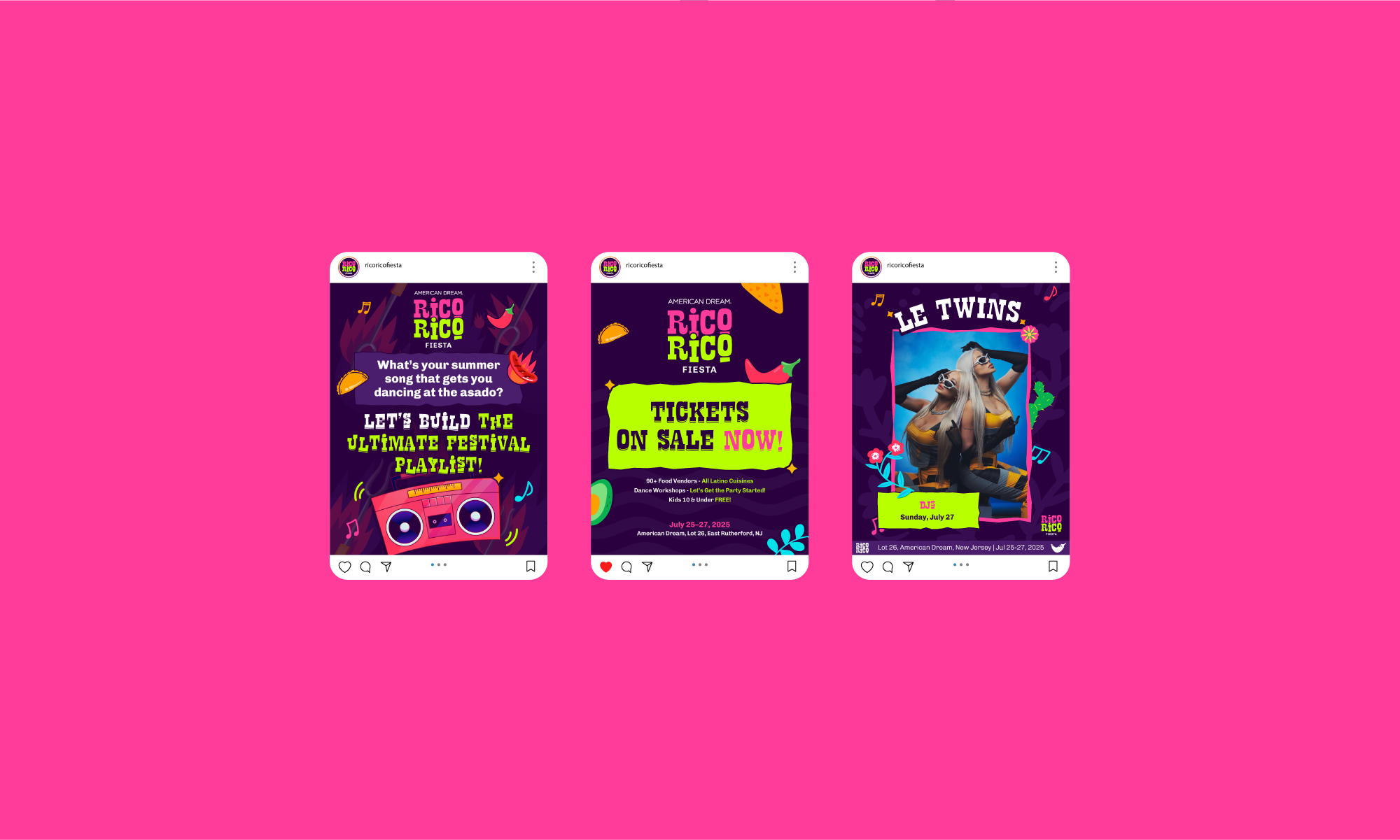 Three colorful promotional event posters for Rico Rico Fiesta against a pink background. The posters feature vibrant graphics, a music theme, and details about the event including dates, ticket sales, and the DJ lineup.
