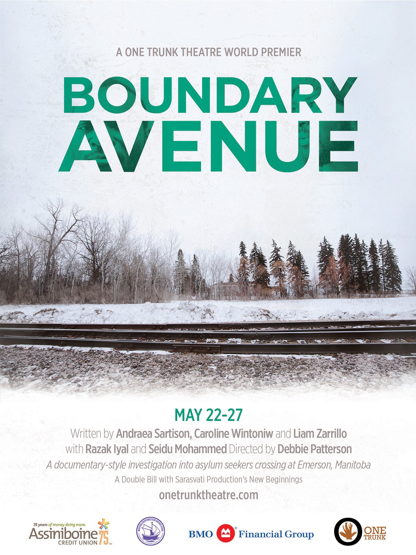 Poster for the theater production "Boundary Avenue" showing train tracks, snow, and trees in a winter landscape with details about the show, dates, writers, director, and sponsors.