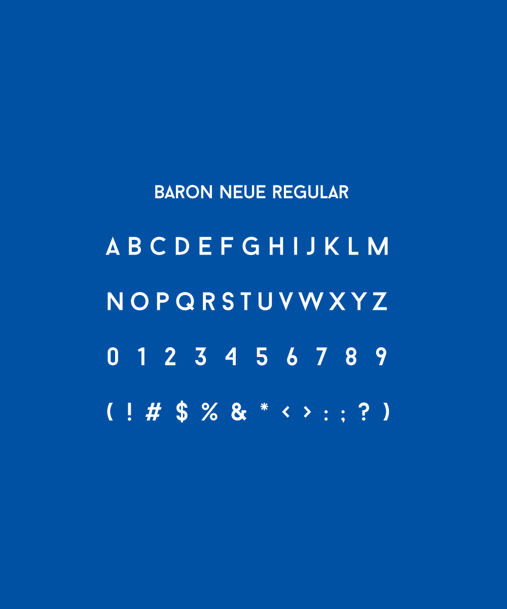 Blue background with white text showing the font name 'Baron Neue Regular', the alphabet, numbers 0-9, and various punctuation symbols.