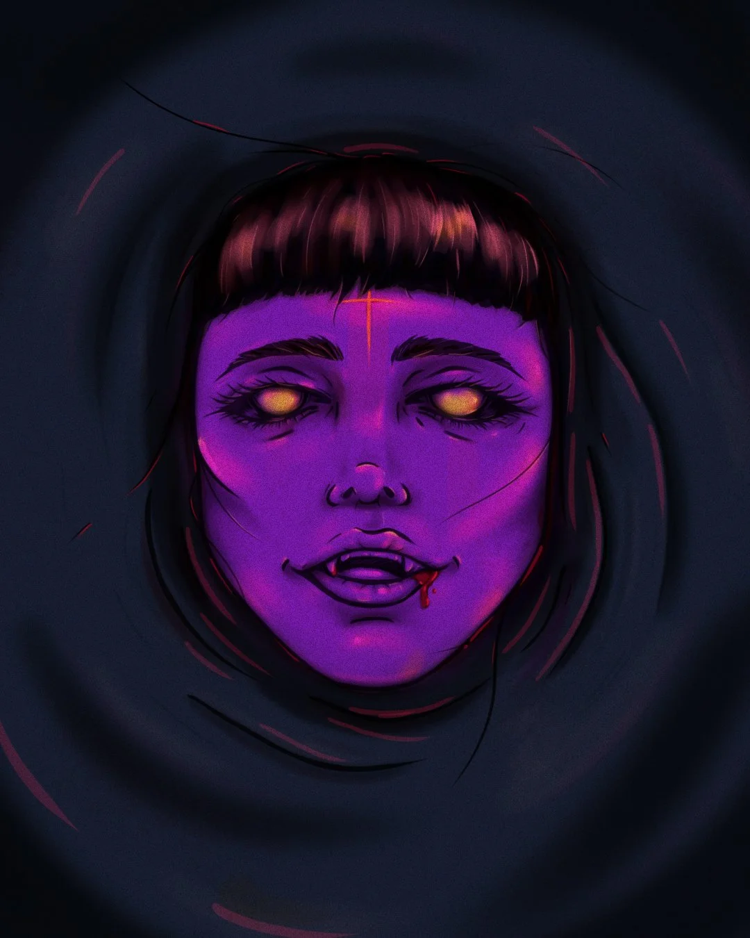 Digital illustration of a vampire girl with purple skin, glowing yellow eyes, short dark hair with bangs, fangs, and a small trickle of blood from her mouth, set against a black background.