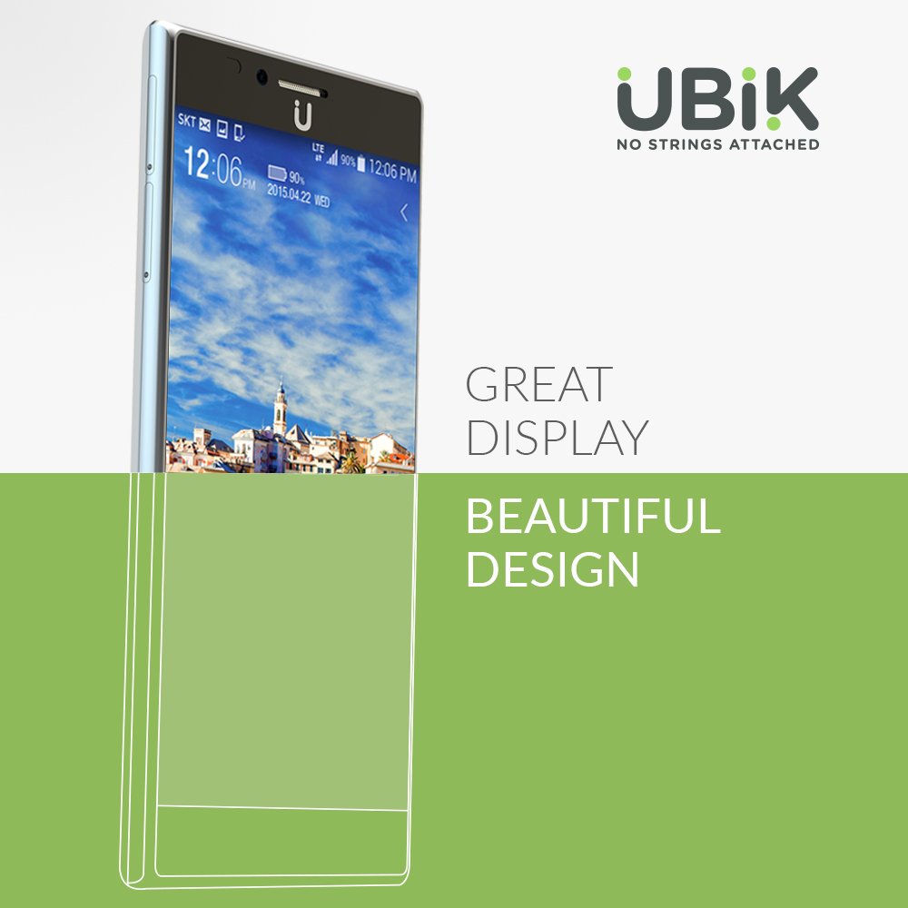 Packaging box for a UBiK no-string-attached smartphone with a large display, showing a cityscape on the screen, and the text "Great Display, Beautiful Design" on the box.