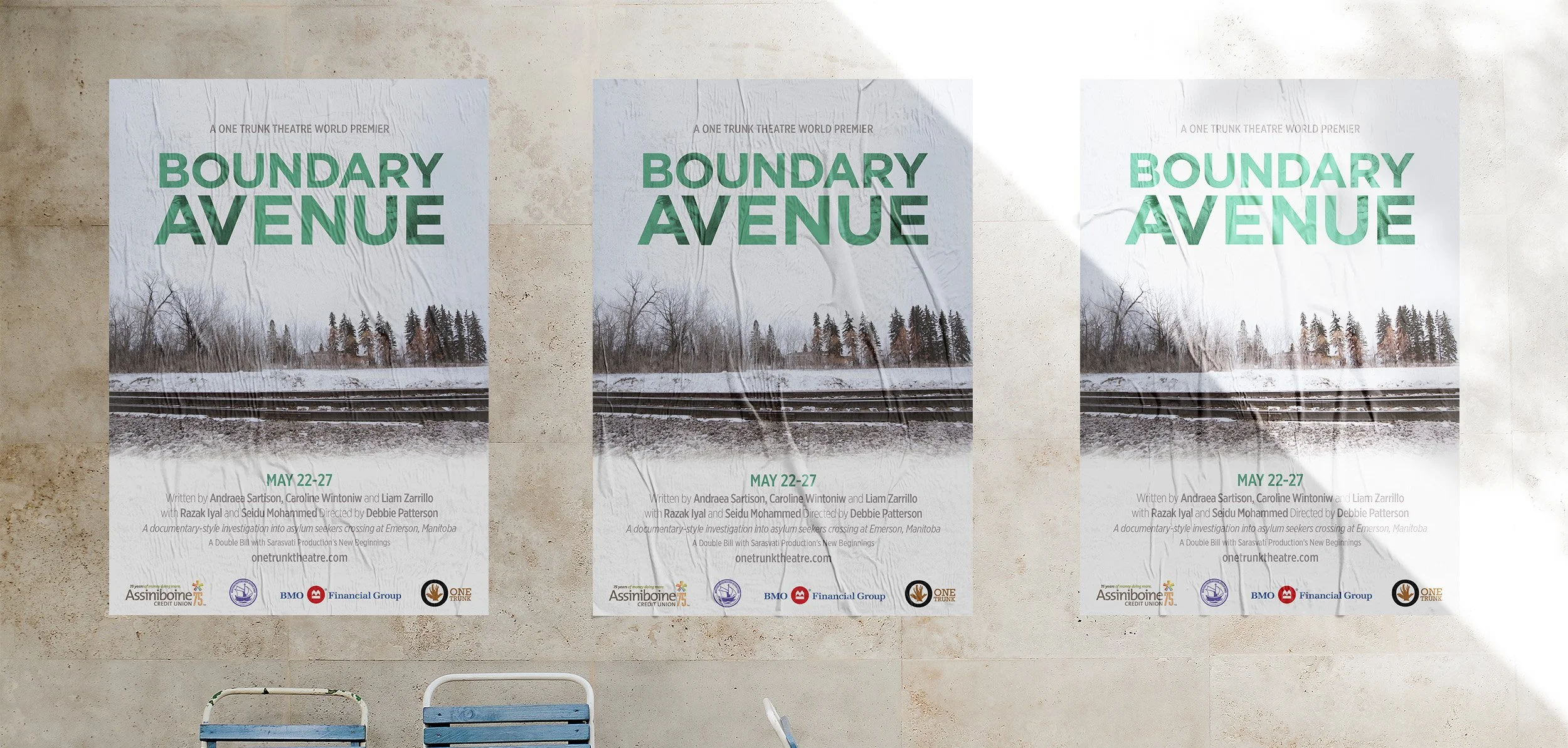 Three posters advertising the play 'Boundary Avenue' on a wall, with chairs in the foreground.