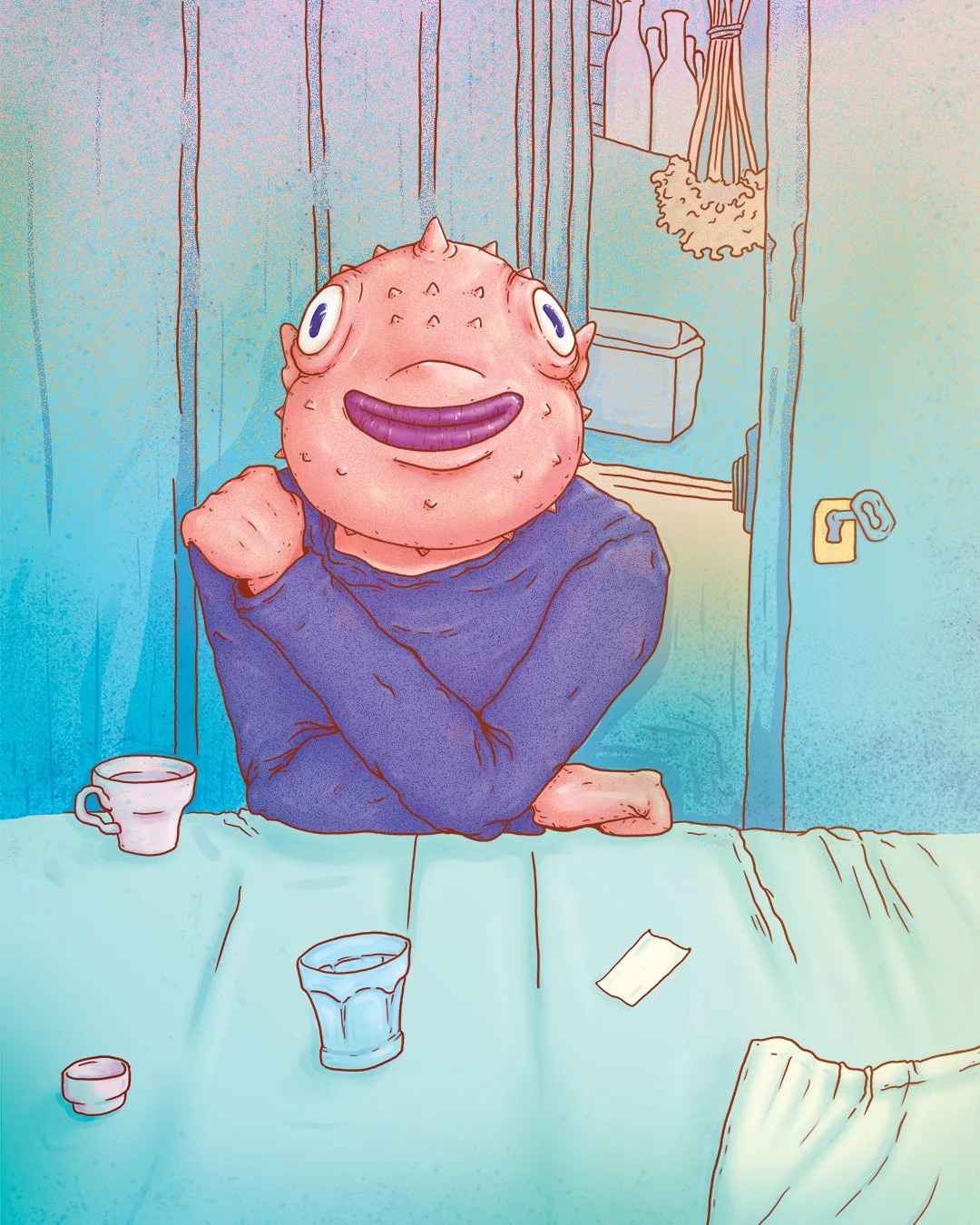 A cartoon character with a large pink, spiky head, big eyes, and a wide purple smile, sitting at a table with a cup of coffee, a glass of water, and a small container, in a cozy room with pastel-colored walls and a door.