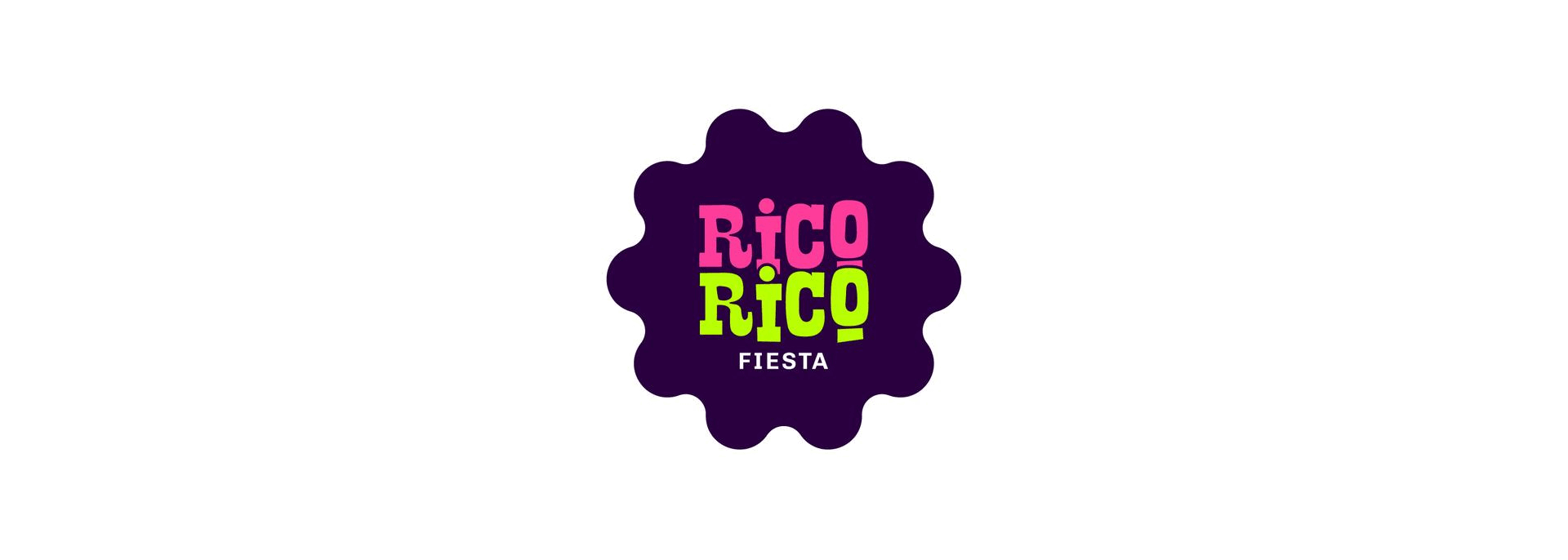 Colorful logo with pink and lime green text that says 'Rico Rico Fiesta' on a dark purple background.