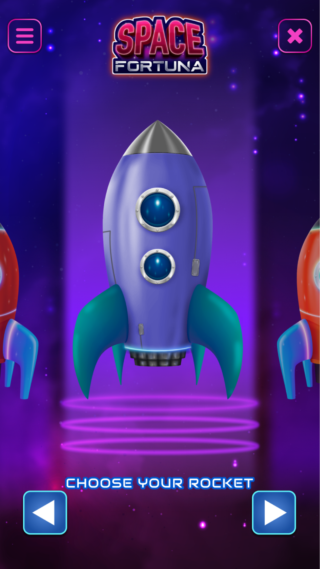 Mobile game screen featuring three cartoon-style rockets with a space background, titled 'Space Fortuna,' with options to select rockets