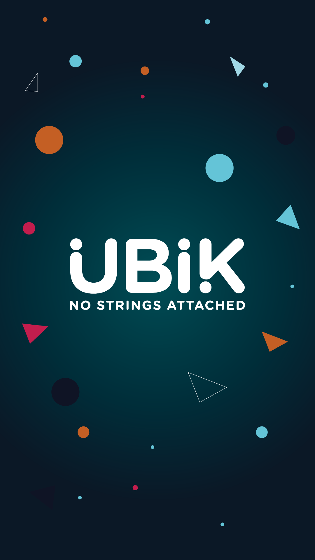 UBIK mobile app splash screen with colorful geometric shapes and the text "UBIK No Strings Attached"