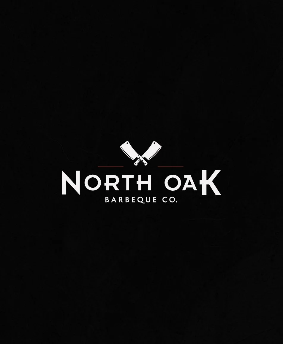 Logo for North Oak Barbeque Co. with two crossed cleavers above the text on a black background.