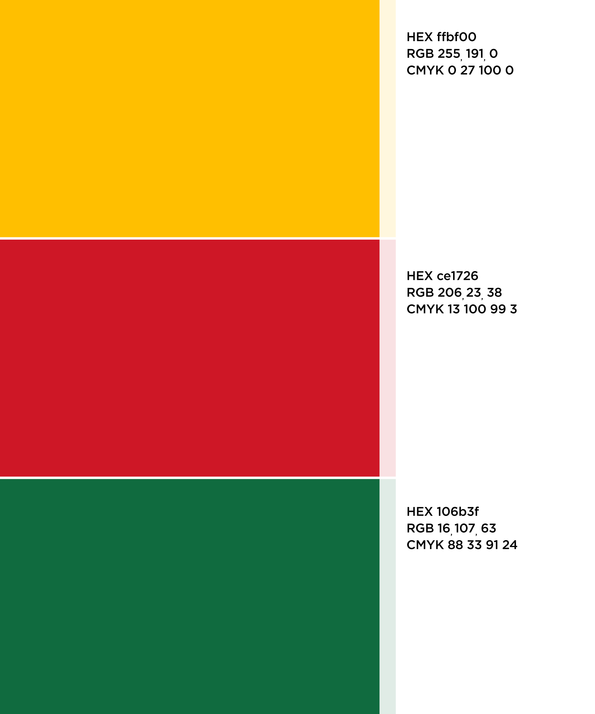 Image of three color swatches with associated HEX, RGB, and CMYK color codes: yellow, red, and green.