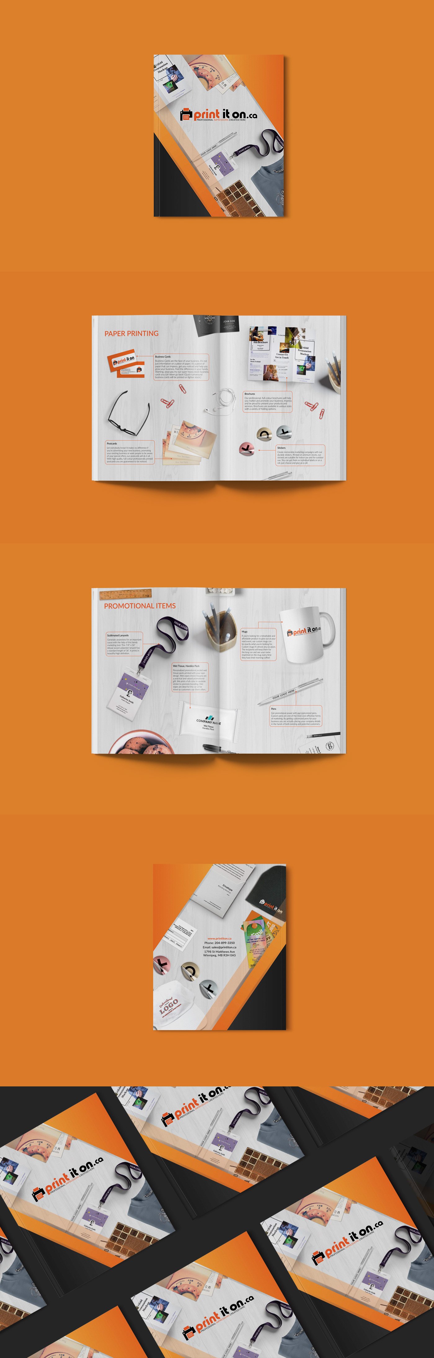 Open brochure featuring print and paper products, promotional items, business cards, branded merchandise, and printing services, with a predominance of orange, black, and white colors.