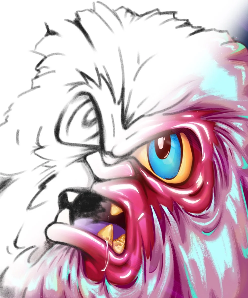 A colorful digital illustration of a fierce lion, with a partially colored face, featuring a bright blue eye and an open mouth with visible teeth and a glowing tongue.