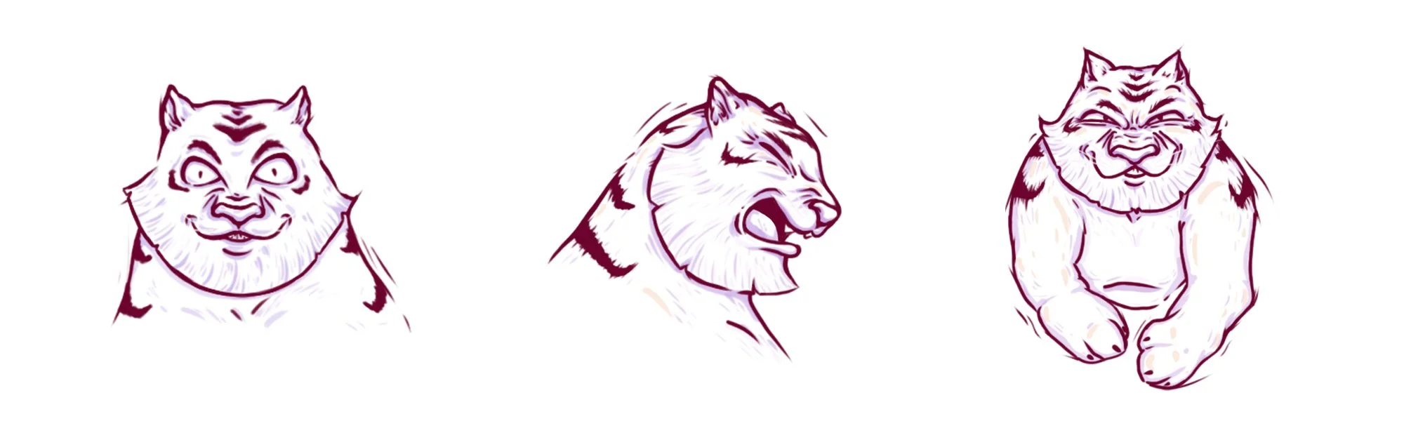 Three illustrated tiger head sketches with different facial expressions and poses, line art style, on a white background.