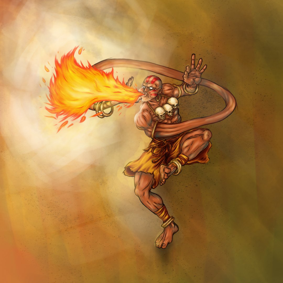 Dhalsin from Street Fighter wearing skull decorations on chest, shorts, and jewelry, performs a dance while breathing fire, with a fiery background.