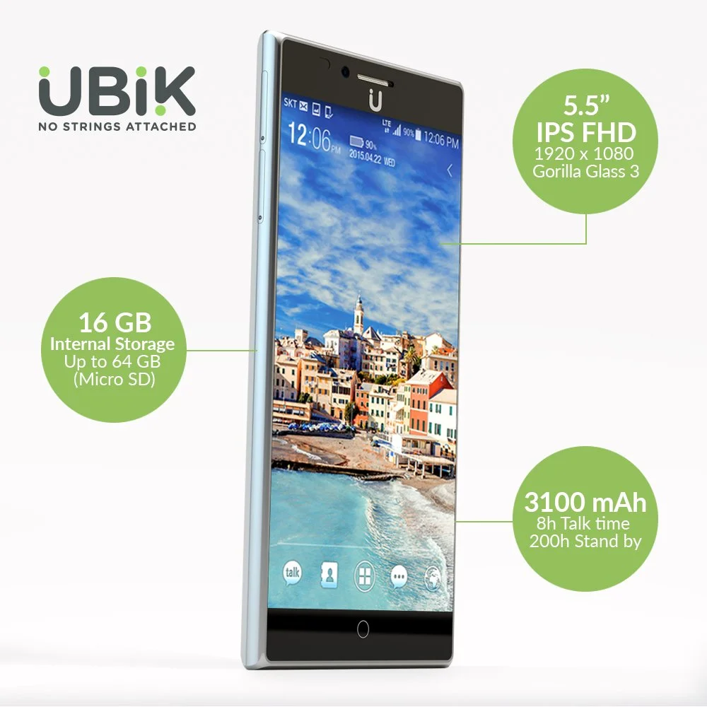 A smartphone with specifications listed: 5.5-inch IPS FHD display, 16 GB internal storage, 3100 mAh battery, and No Strings Attached branding.