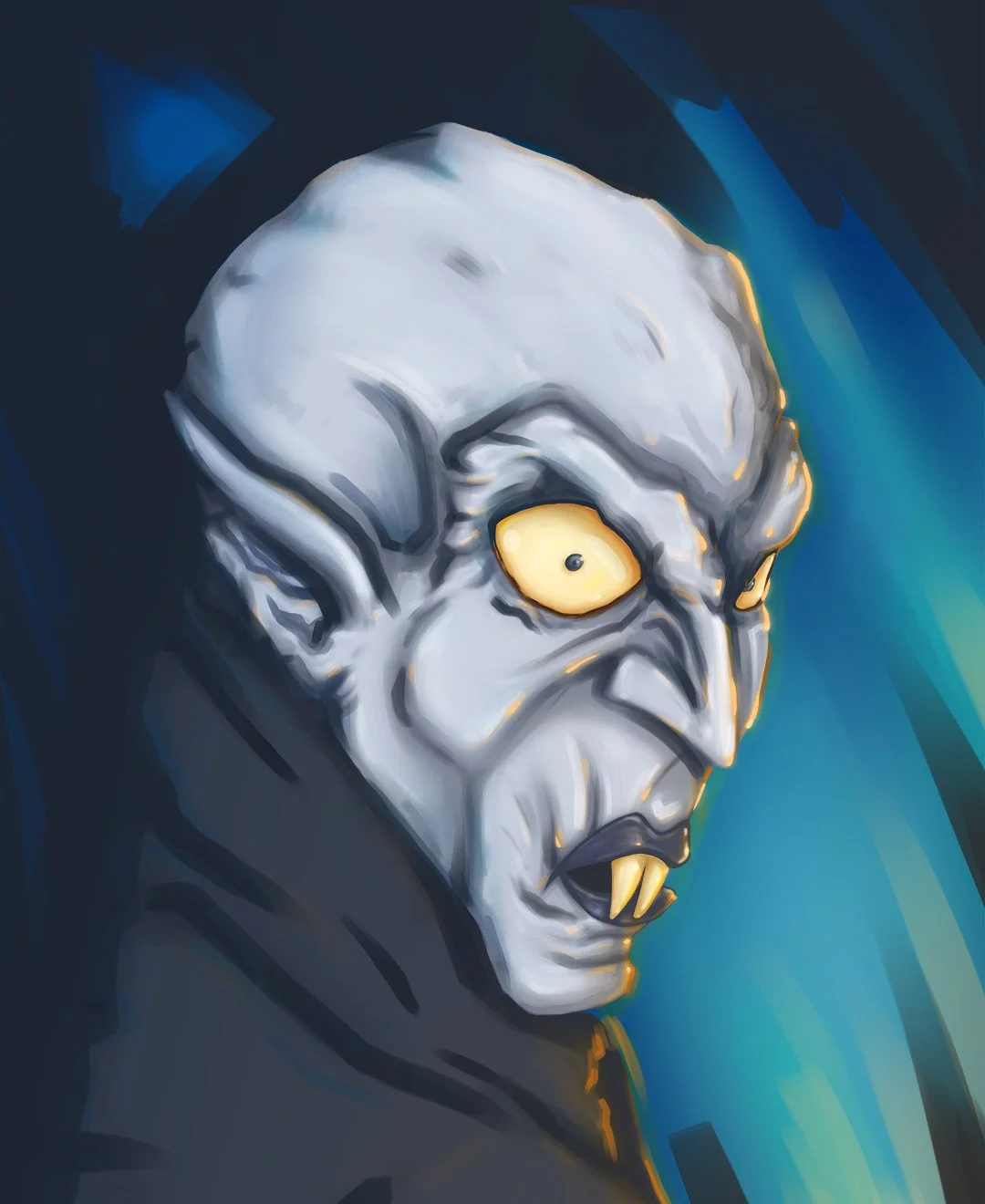 A digital illustration of a ghoulish, vampire-like creature with yellow eyes, pointy teeth, and a bald head, against a dark, abstract background.