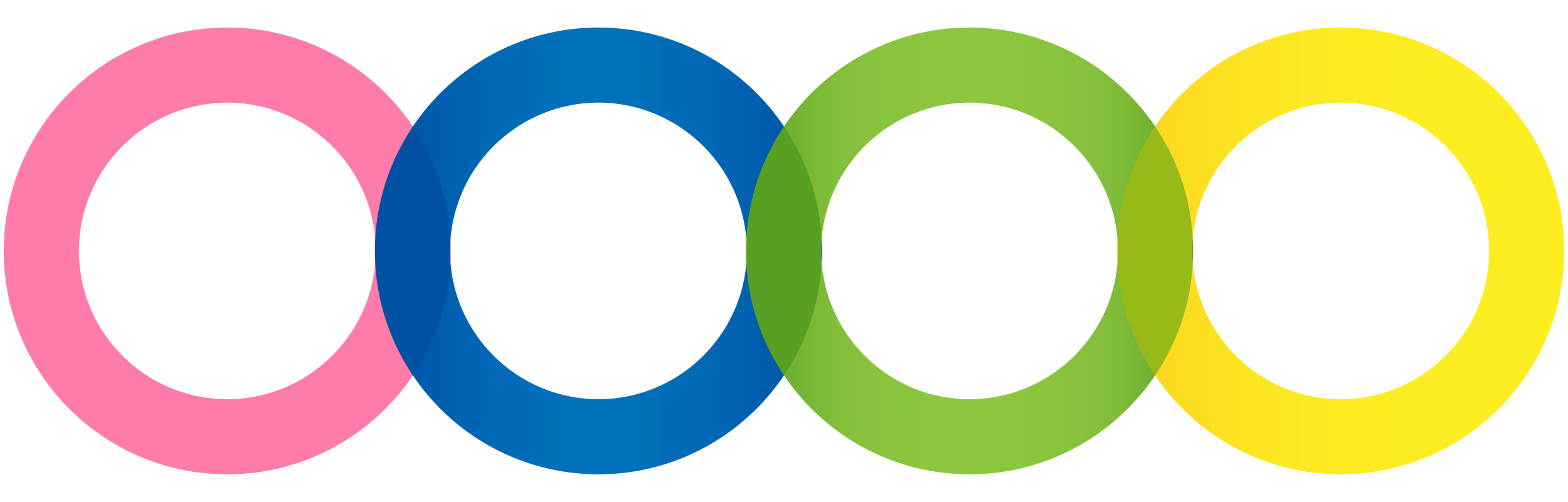 Colorful overlapping circles in pink, blue, green, and yellow on a pink background.