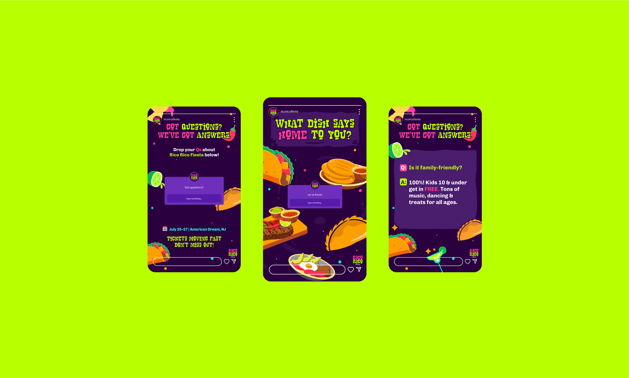 Three colorful smartphone screens on a bright green background, displaying a digital food quiz about Rico Rico Fiesta restaurant with questions, answers, and illustrations of tacos, nachos, and drinks.
