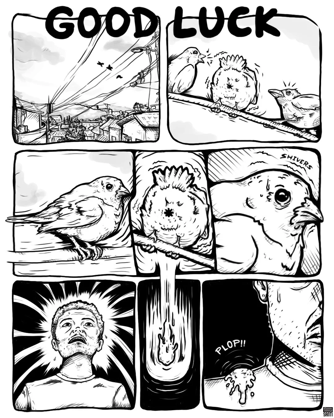 Black and white comic-style illustration with the text 'Good Luck' at the top, depicting birds and a person experiencing a predatory event, culminating in a dramatic splash and a humorous droplet splash near the person's neck.