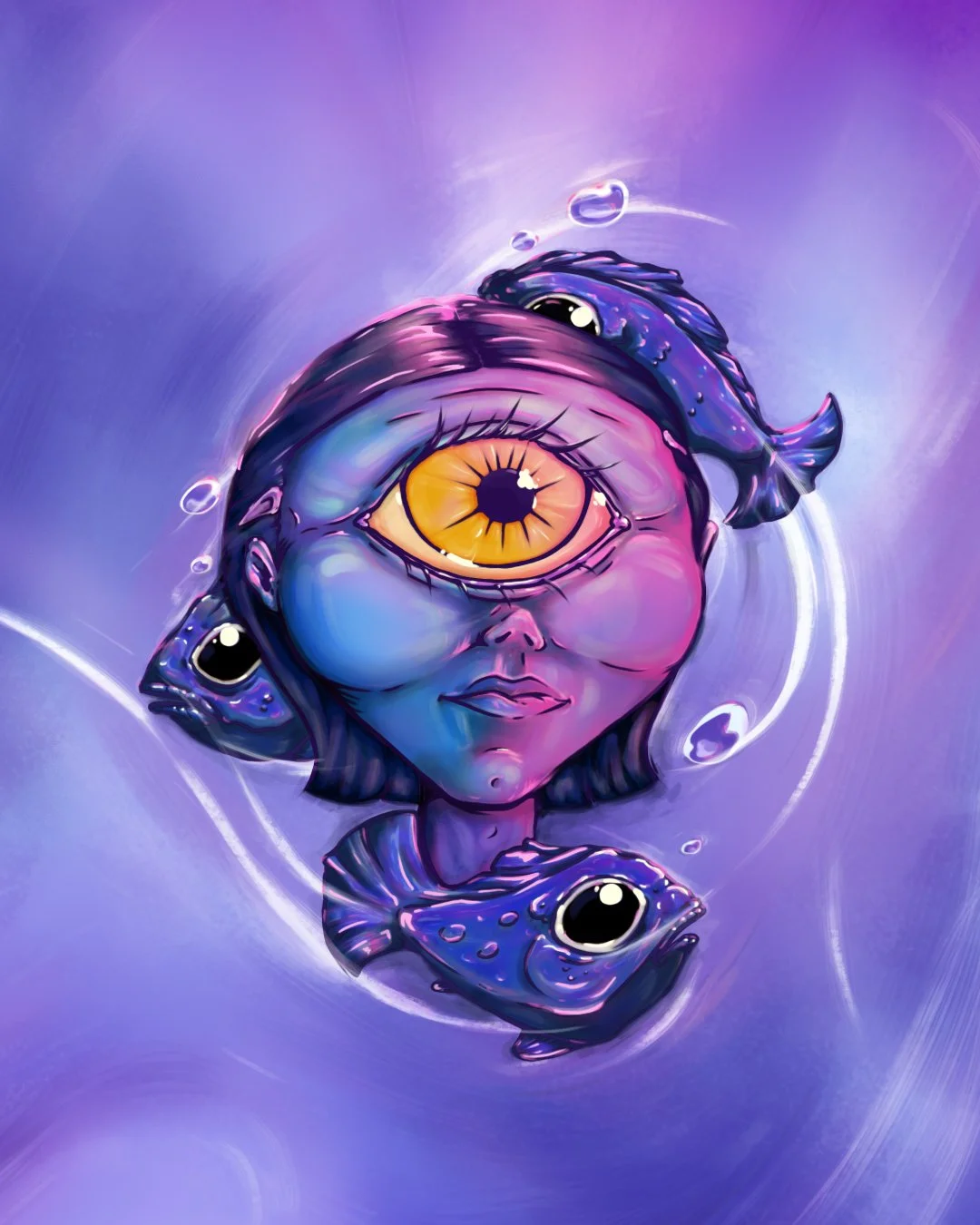 Surreal digital artwork of a creature with a human face, one large yellow eye, blue and purple skin, and fish-like features in a purple and blue abstract background.