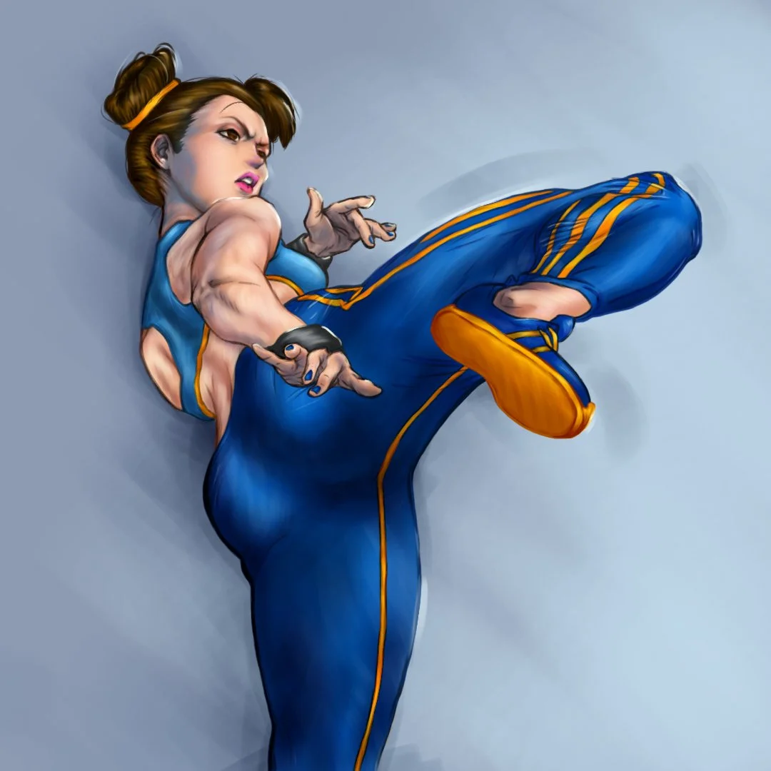 Chun-li from Street Fighter in a blue and orange uniform executing a high kick against a plain background.