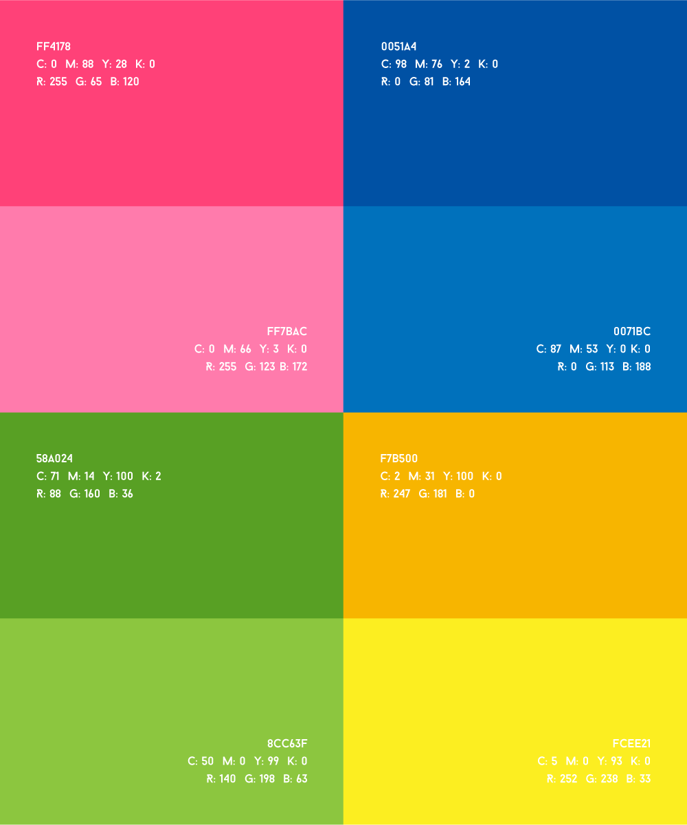 Color palette with eight sections showing color swatches and their respective color codes and RGB values.