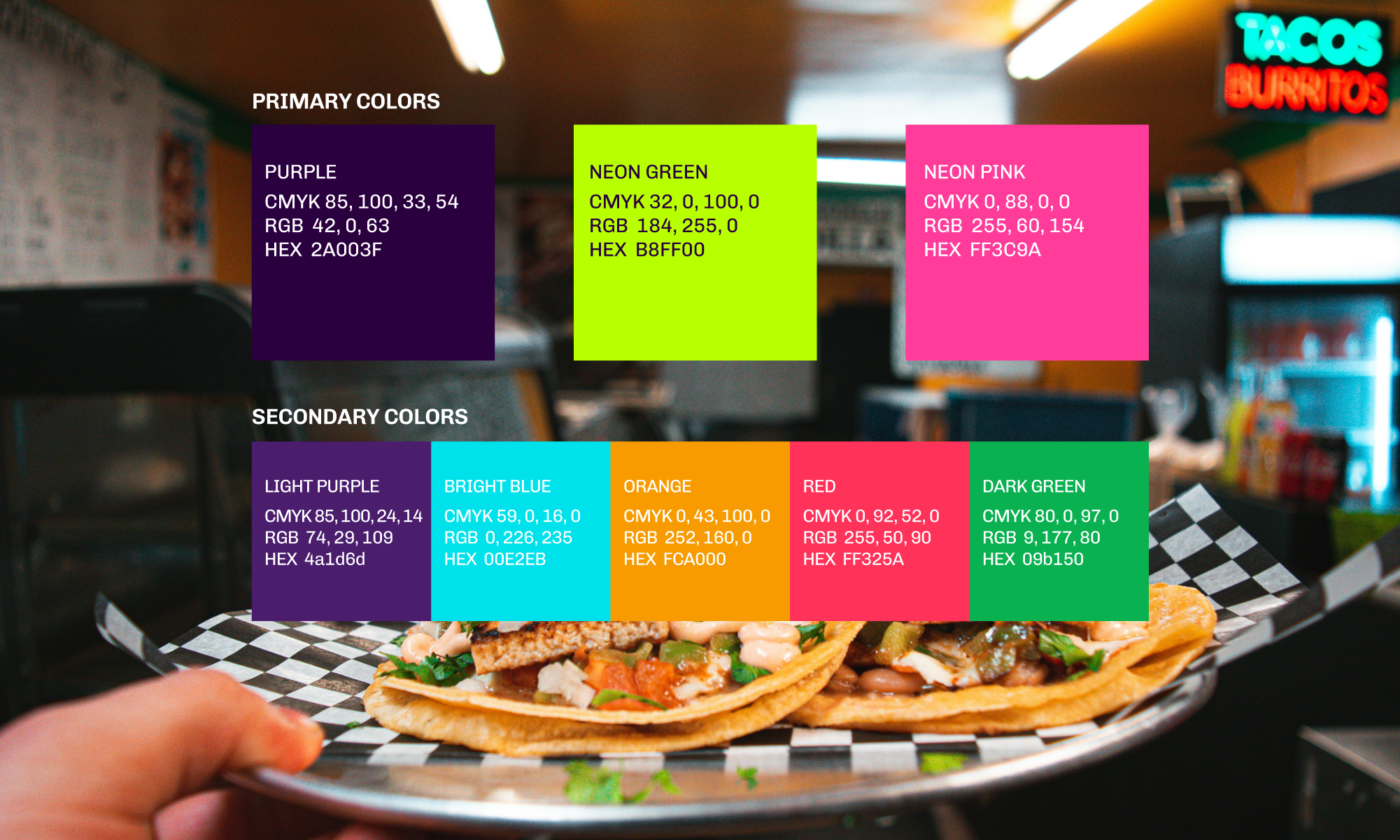 Tray of tacos with colorful informational overlay showing primary and secondary colors and their color codes.