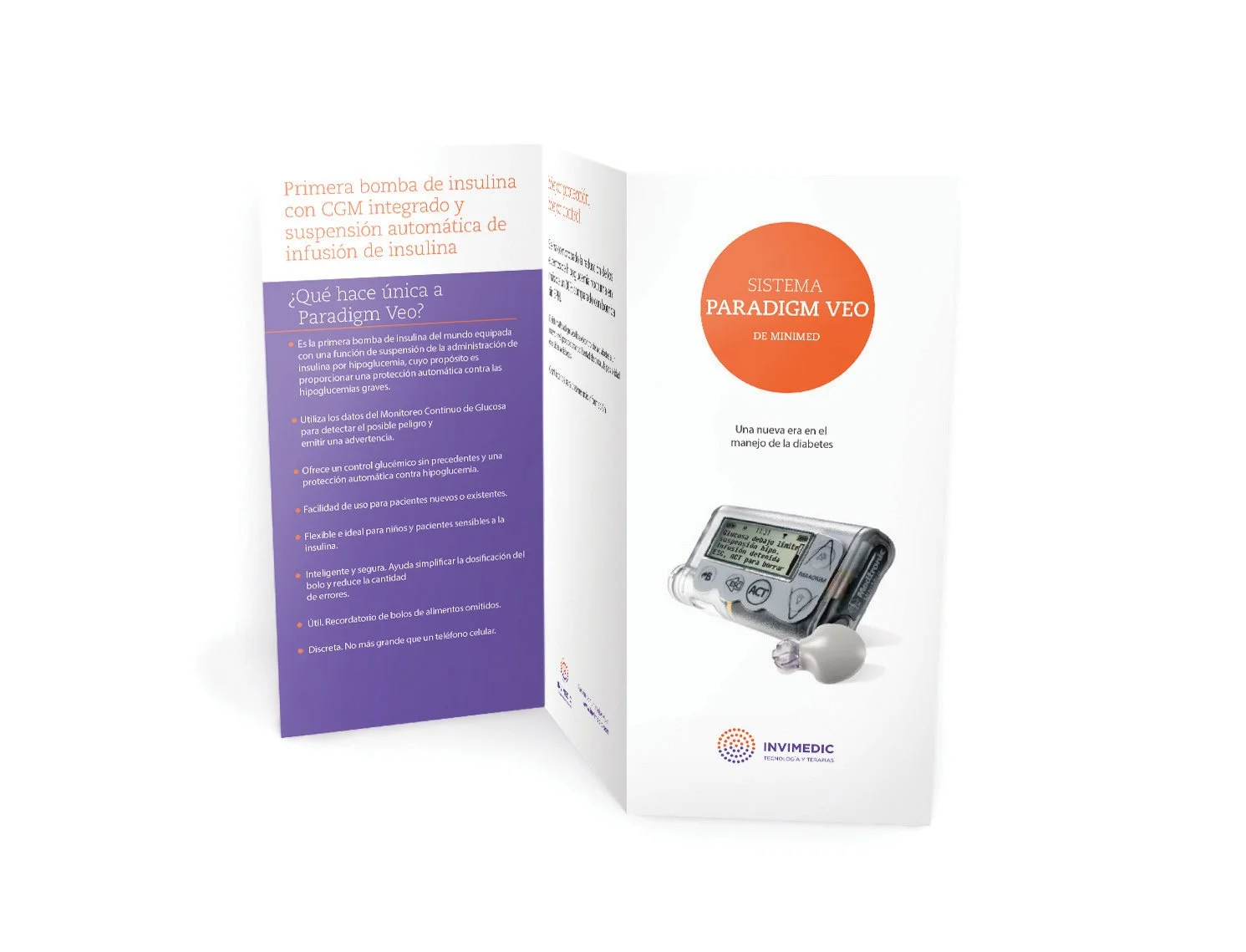 Brochure promoting the Paradigm Veo insulin pump, with Spanish text describing its features and benefits. The brochure has a purple and white design, with orange accents, and includes an image of the insulin pump.