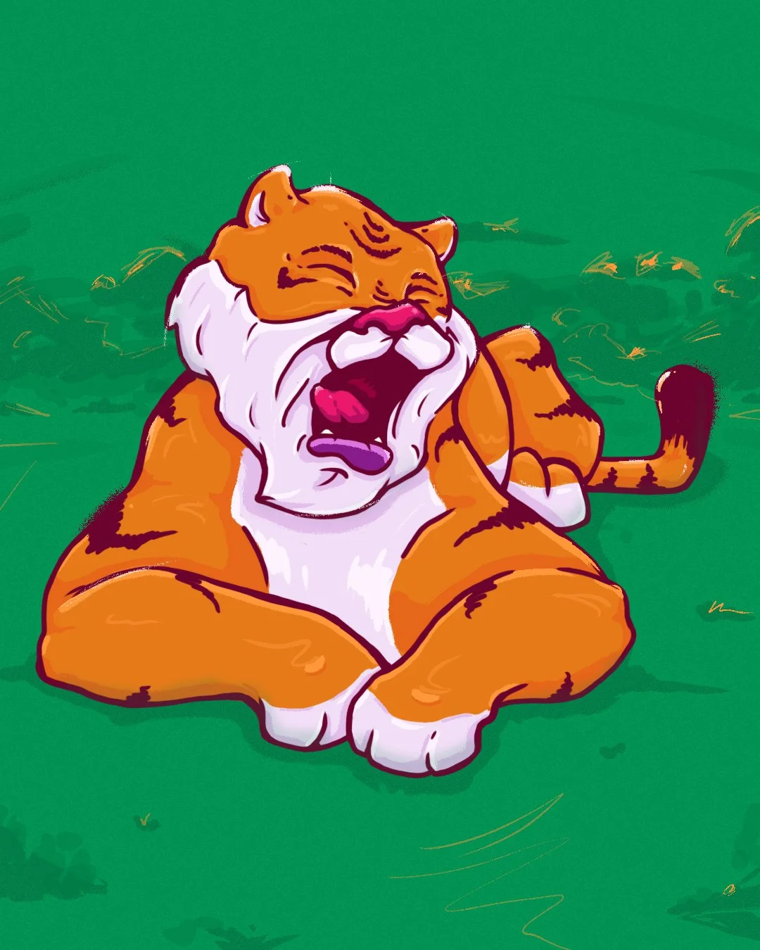 Animated illustration of a tiger laying on grass, yawning with eyes closed and mouth open.