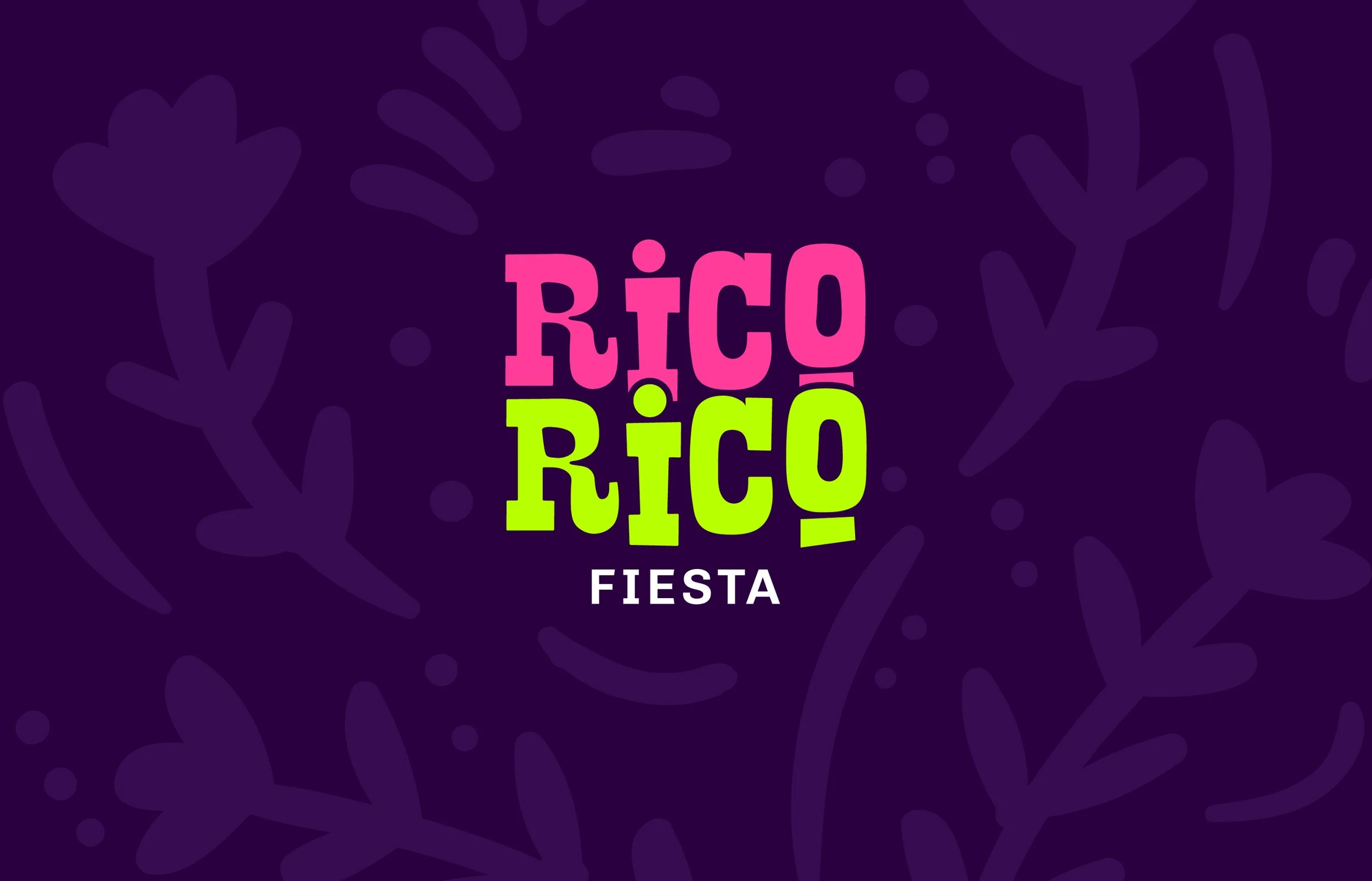 Colorful graphic design with the text 'Rico Rico Fiesta' in bold pink, green, and white letters on a dark purple background with abstract floral patterns.