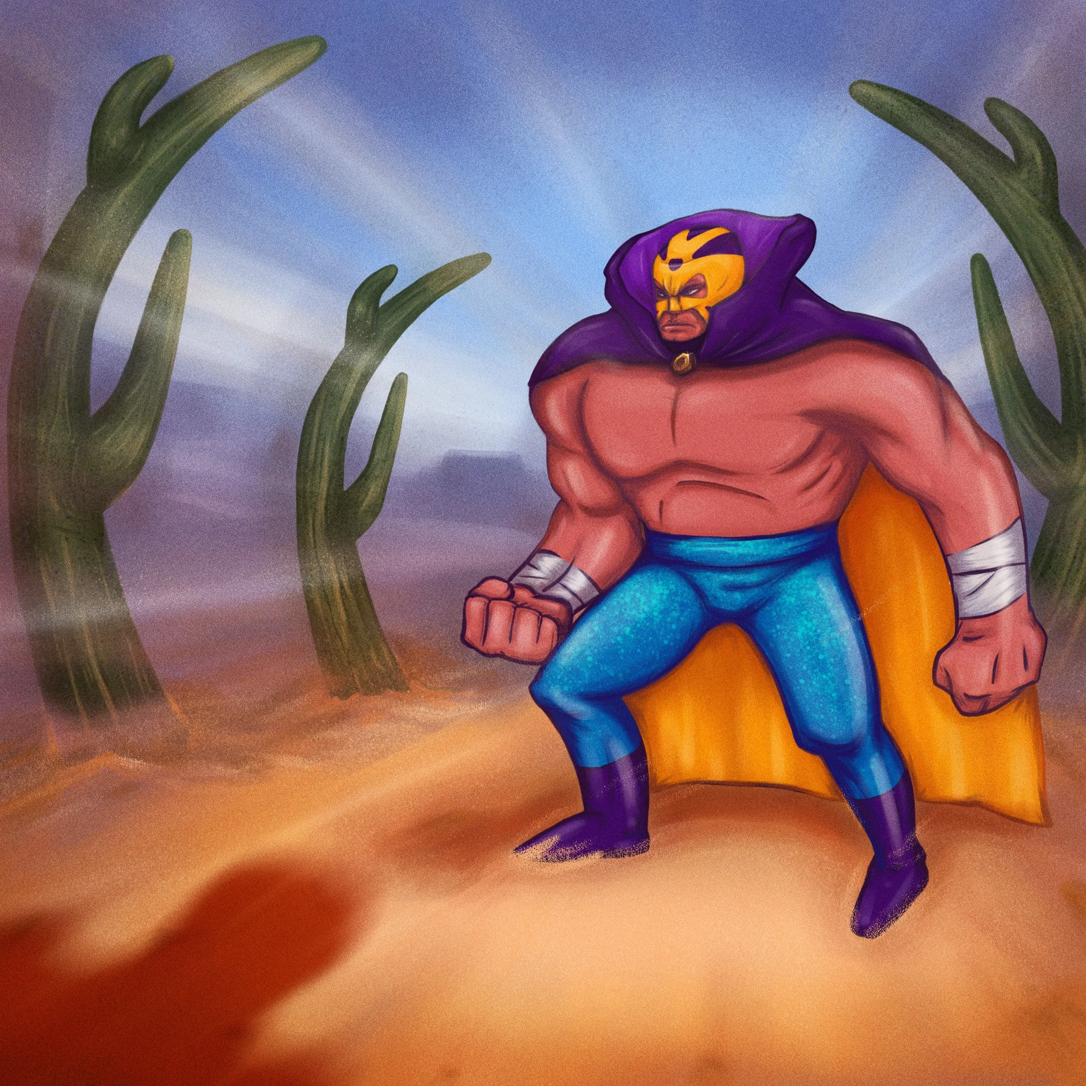 A muscular superhero with a yellow and black mask, purple cape, and blue pants standing on a sandy landscape with green cactus-like plants and a cloudy sky.