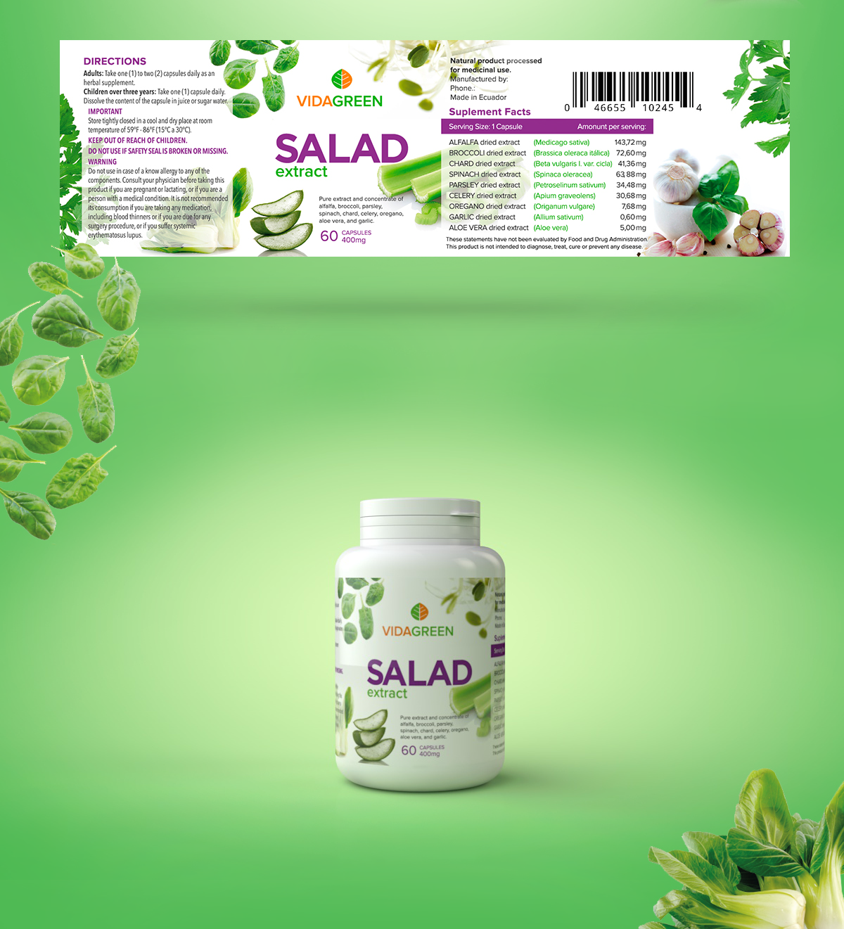 Green and white dietary supplement bottle labeled 'Salad extract' by VidaGreen, featuring images of cucumber slices and salad ingredients, with a colorful label. The background is mint-green with floating salad leaves and herbs.