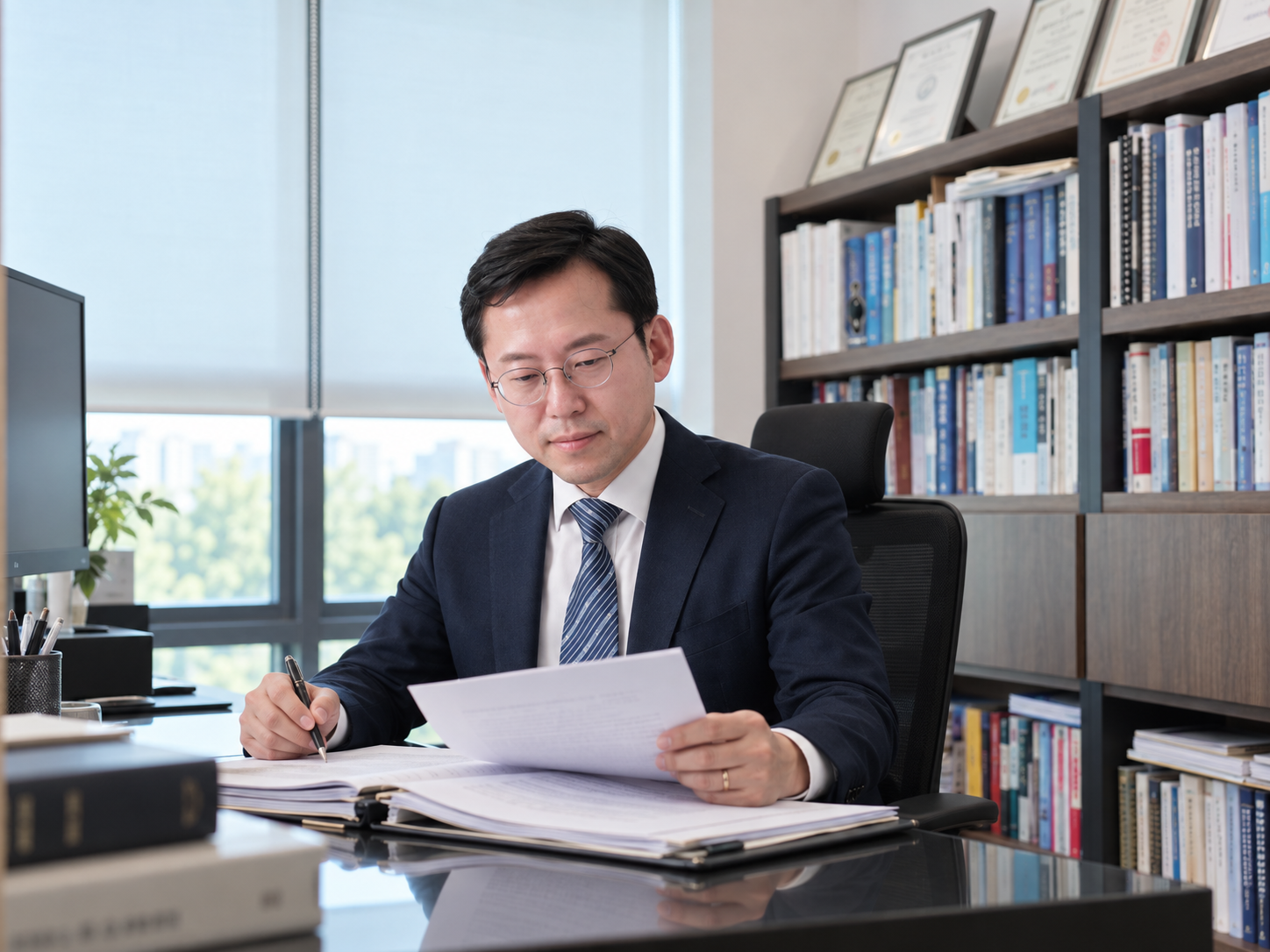 서울 금천구 금천 법률사무소에서 계약서와 사건 자료를 검토하는 대표변호사