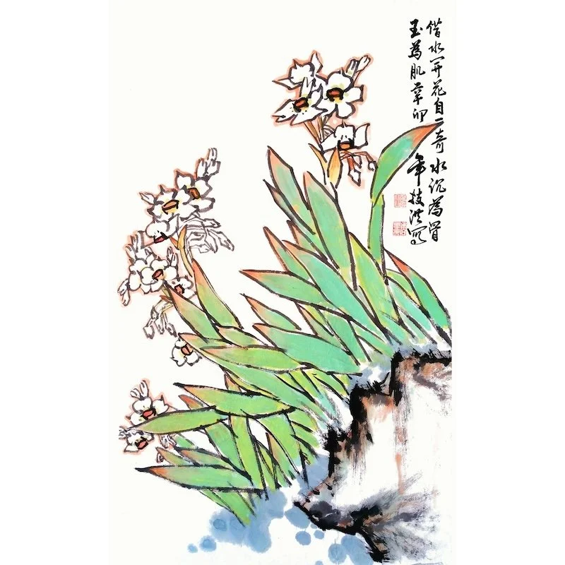 Traditional Chinese watercolor painting of white orchids with green leaves and Chinese calligraphy on the right side.