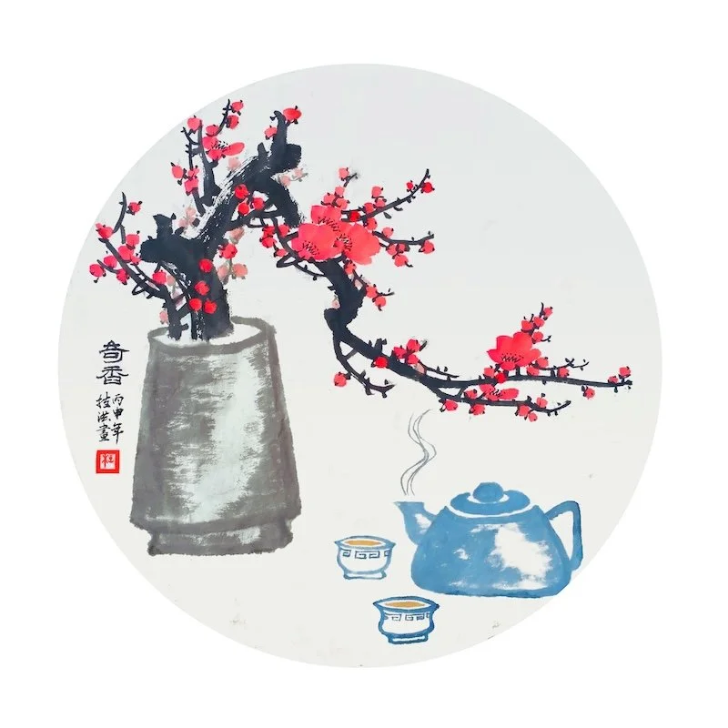 A traditional Asian painting of a bonsai tree with red blossoms in a gray pot, a blue teapot, and two small teacups.