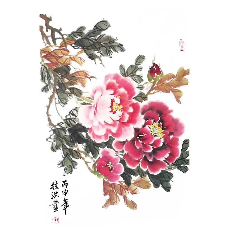 Traditional Chinese painting of pink and red peony flowers with green and brown leaves.