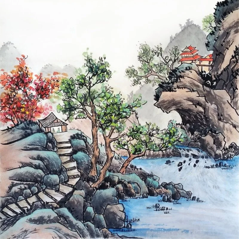 A traditional Chinese watercolor painting of a mountain landscape with trees, a river, and pagoda-style buildings.