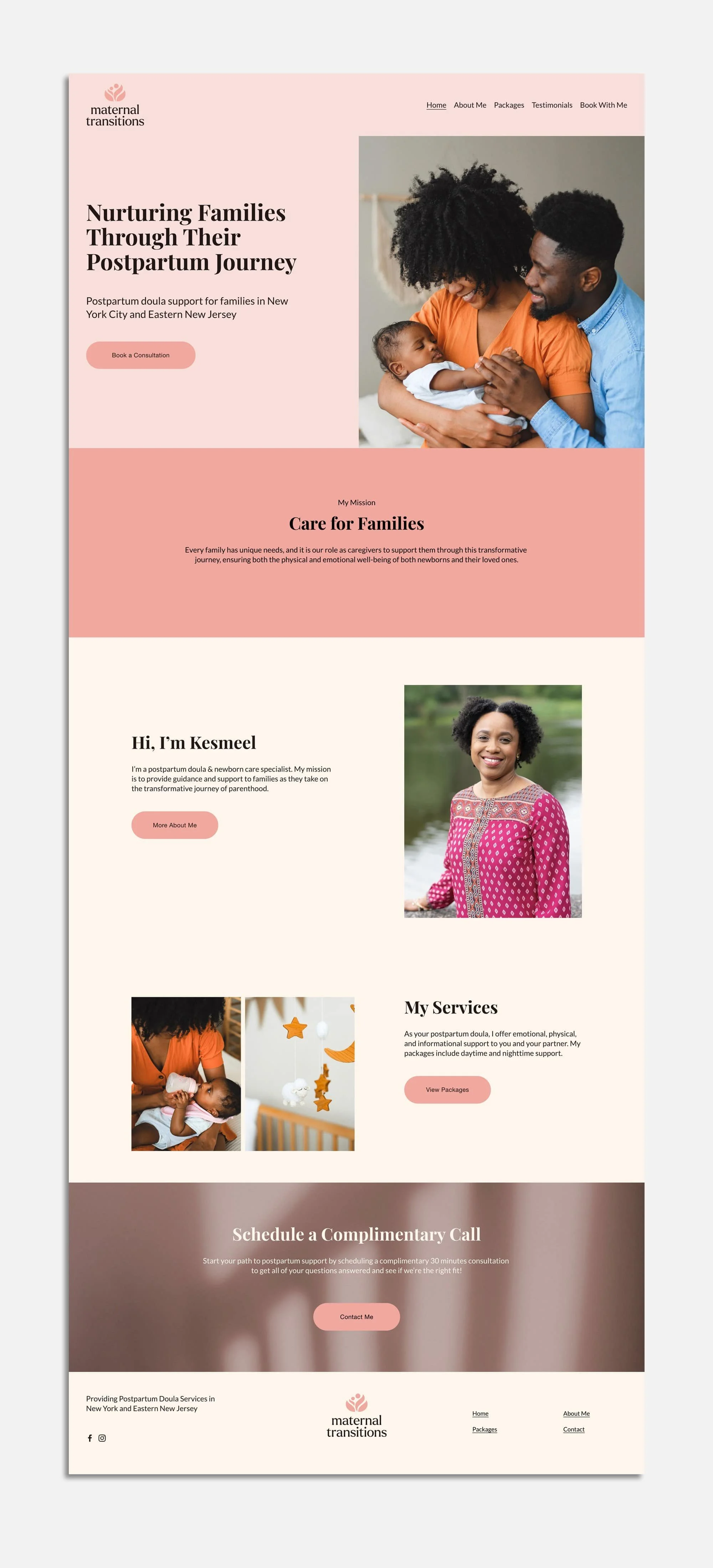 Website homepage for postpartum doula support services, featuring images of a family with a newborn, a postpartum care specialist, and service information.