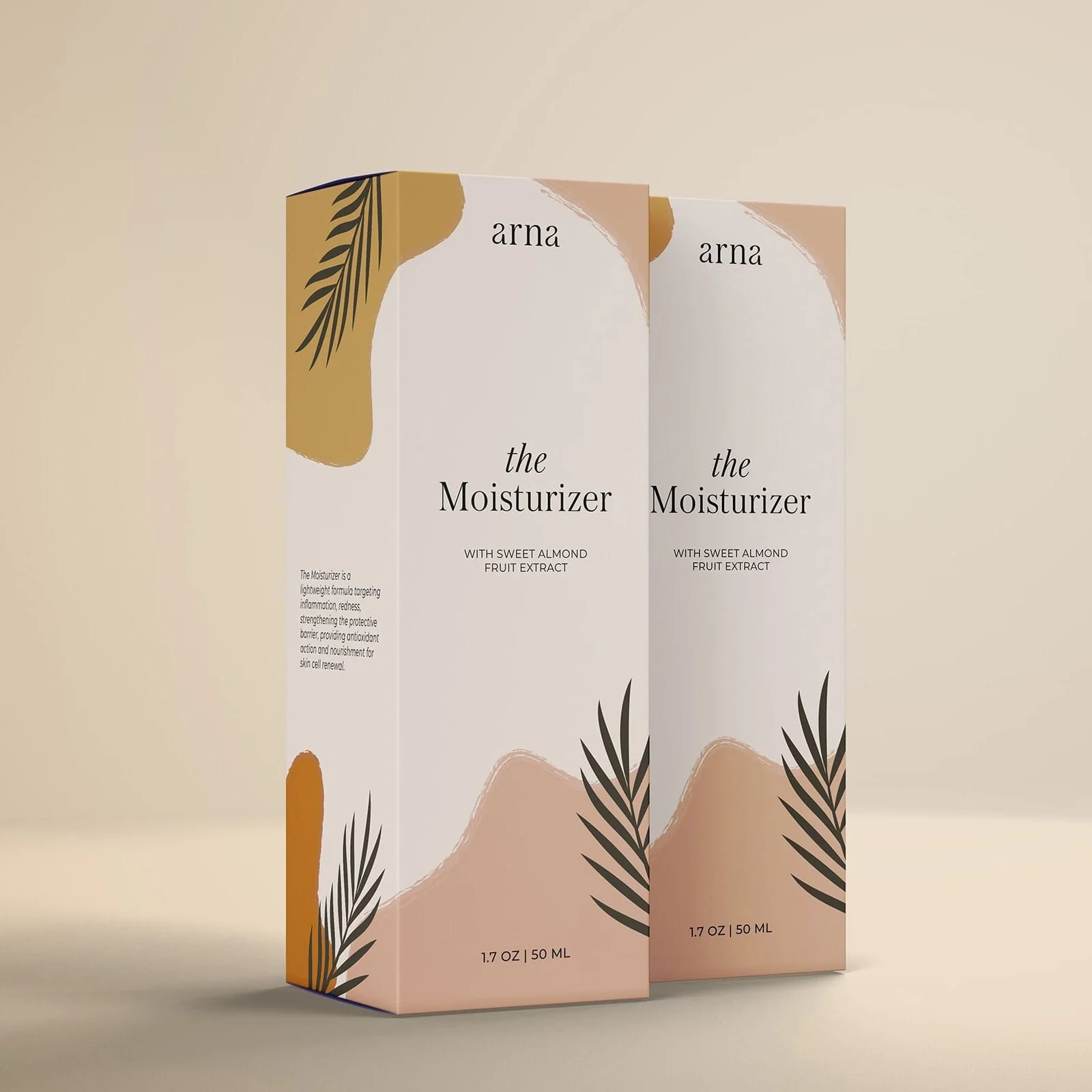 Two boxes of Arna moisturer with sweet almond fruit extract standing upright on a light surface against a neutral background. The packaging features minimalist design with abstract leaf illustrations and soft, earthy colors.