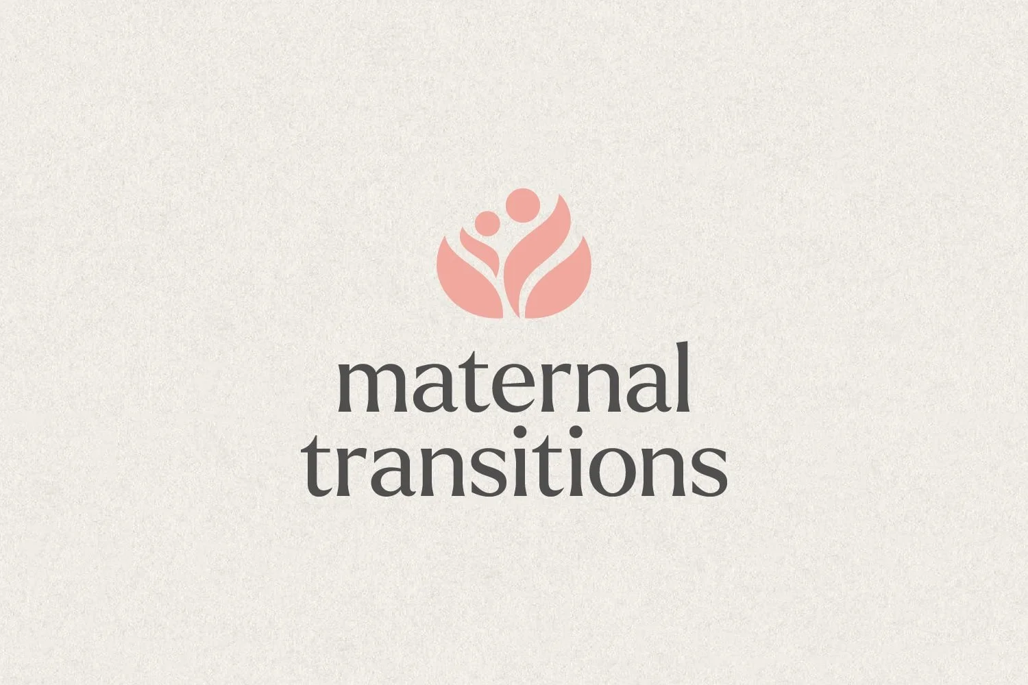 A logo with a pink abstract figure of a woman and a child, accompanied by the text "maternal transitions" on a light beige background.