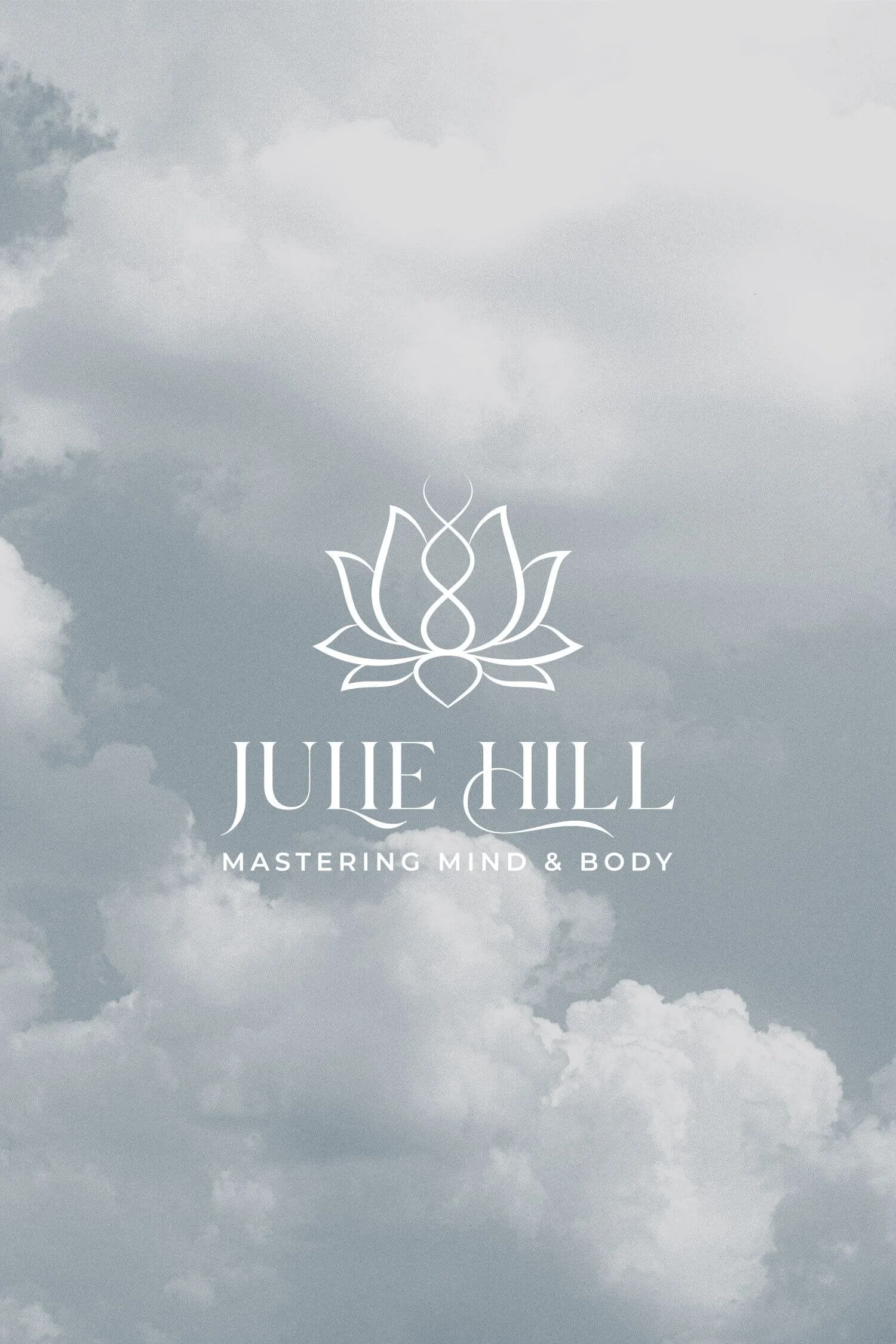 Logo for Julie Hill Mastering Mind & Body featuring a stylized lotus flower against a cloudy sky background.