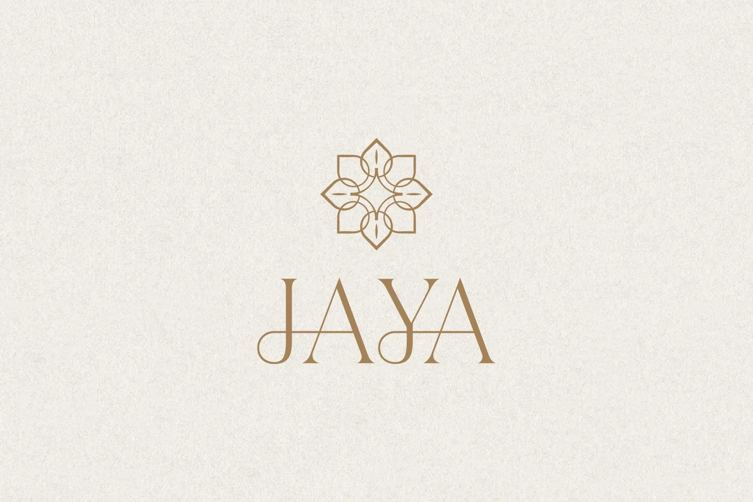 Elegant beige background with a gold geometric floral design above the word 'JAYA' in a stylish serif font.